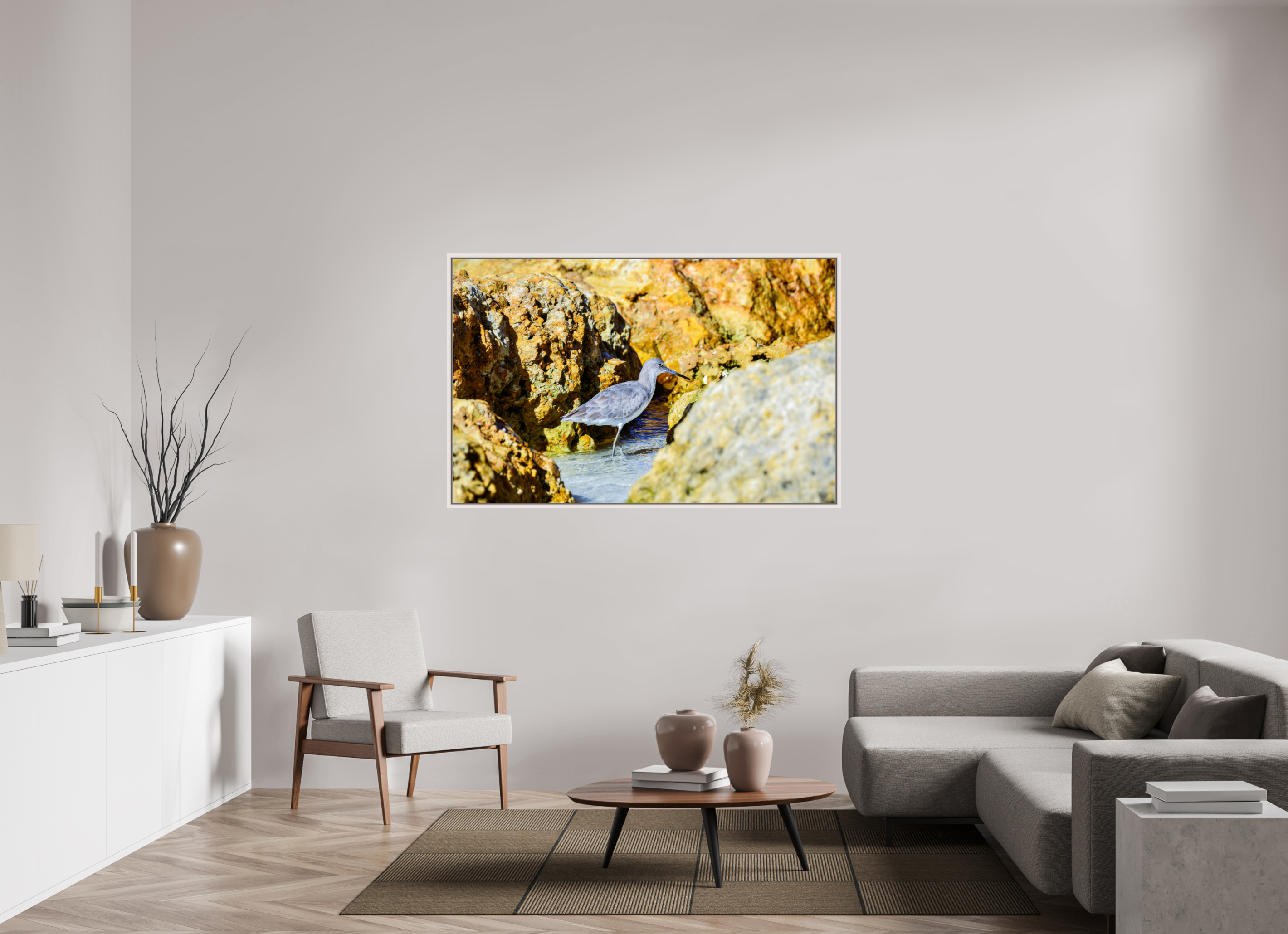 61.3 x 39″, Floater Frame, Basel 0.6", Maple White, Glossy Acrylic Glass The Hiding Willet