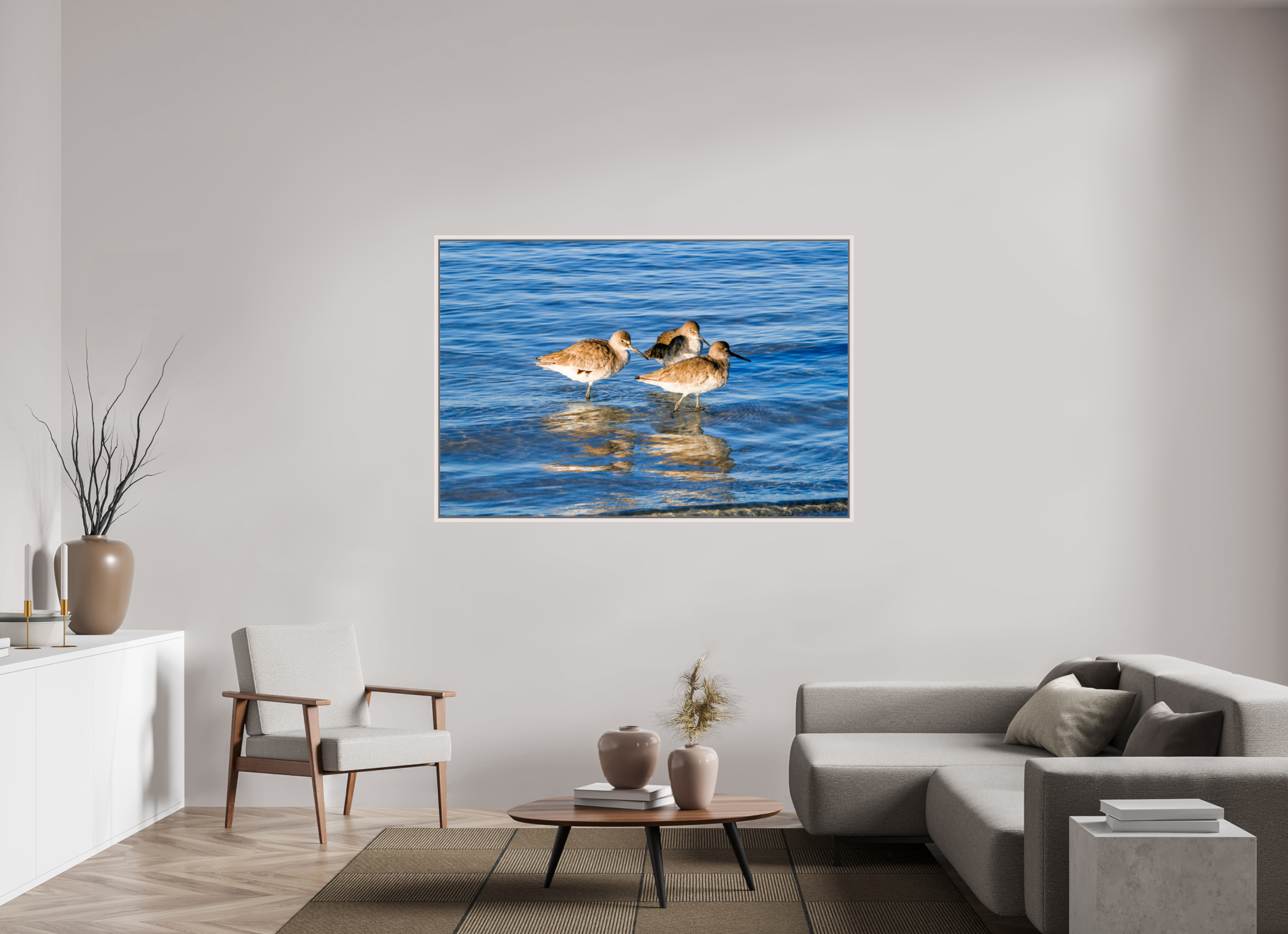 63.7 x 43″, Floater Frame, Basel 0.6", Maple White, Glossy Acrylic Glass The Shoreline Trio: Willets in the Surf