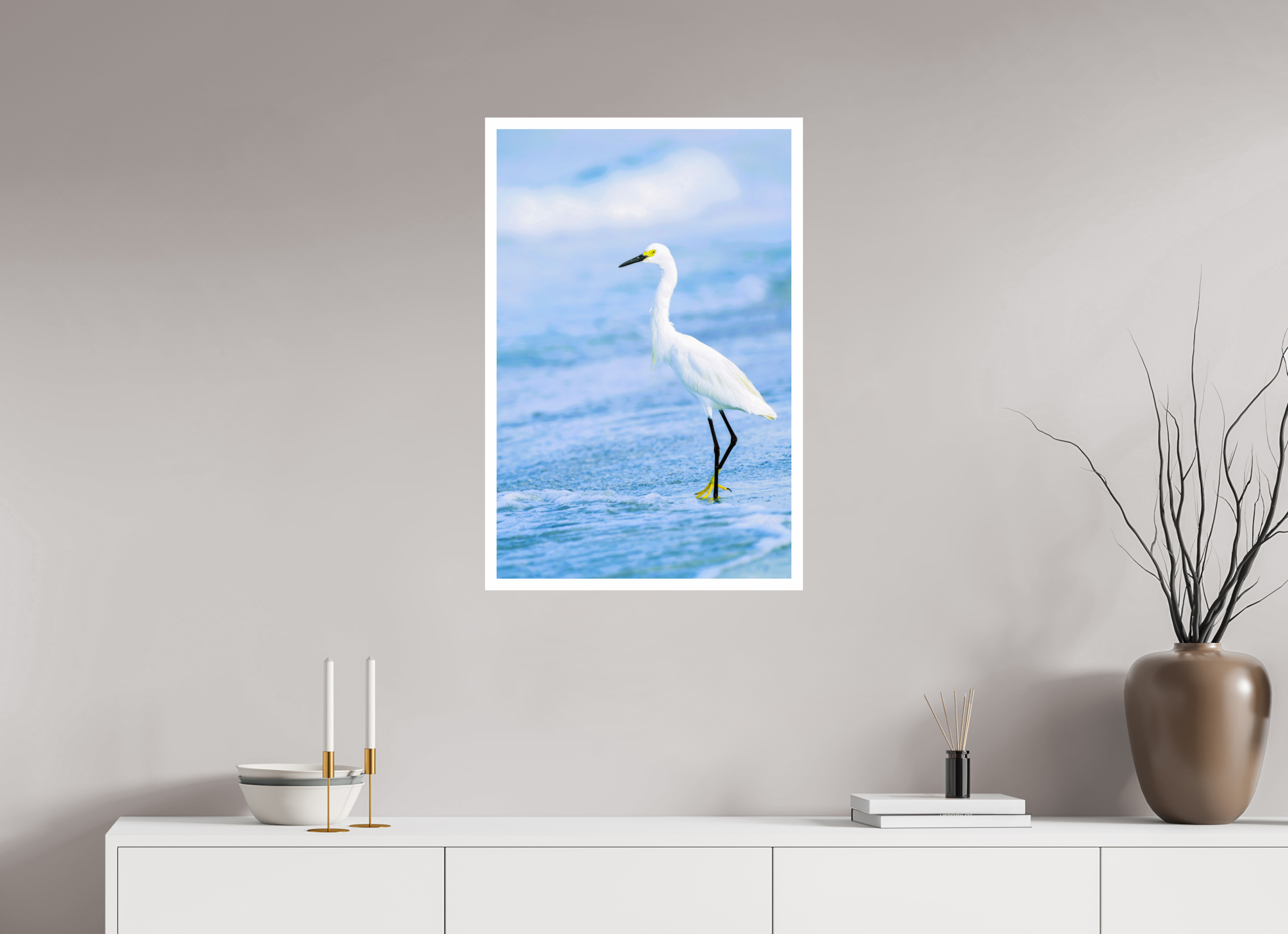 20 x 30.5″, Hahnemühle FineArt Pearl Print, .79" white border Snowy Egret in Azure
