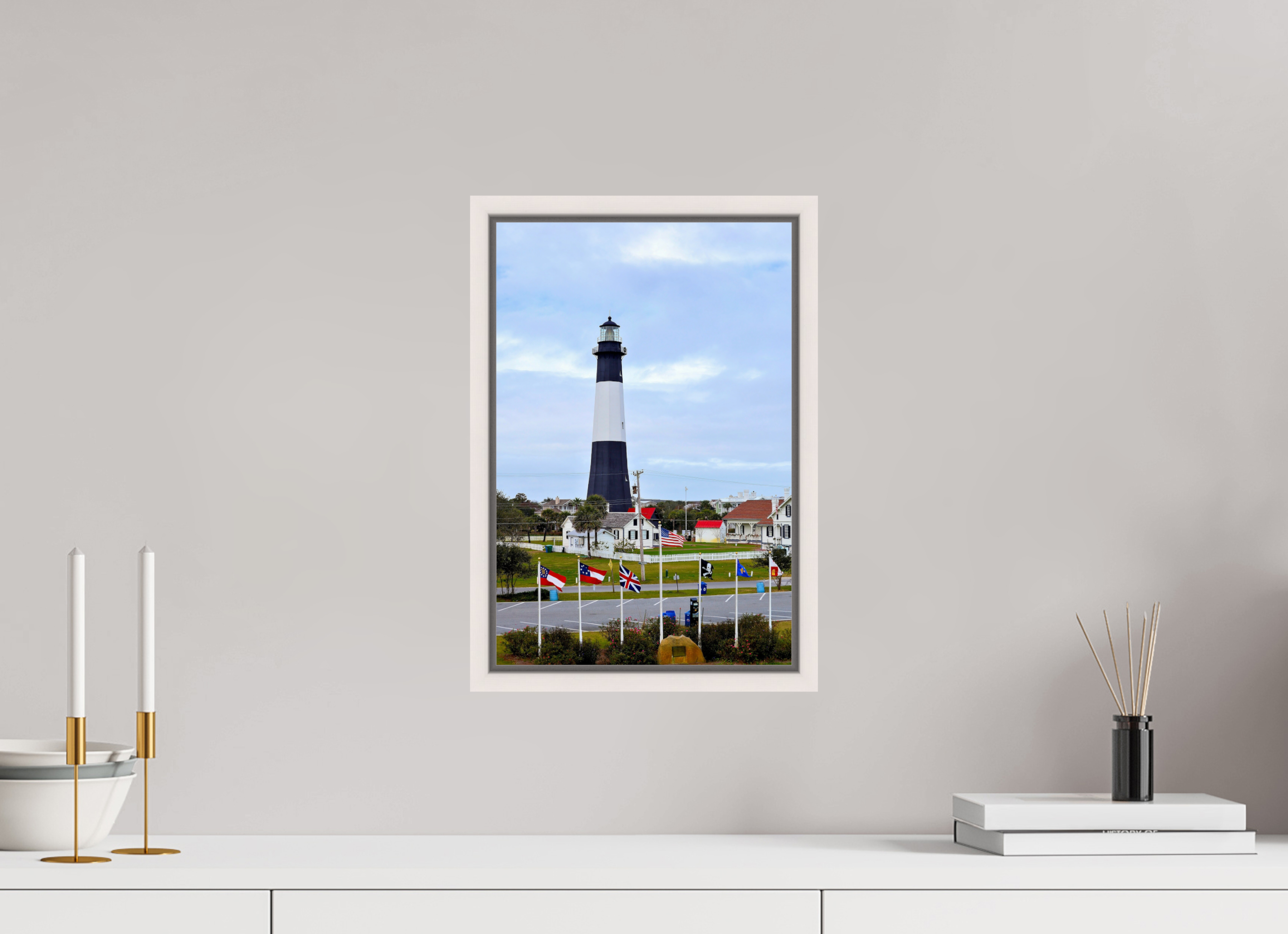 10 x 15″, Floater Frame, Basel 0.6", Maple White, Glossy Acrylic Glass Heritage at Tybee: The Lighthouse & Grounds