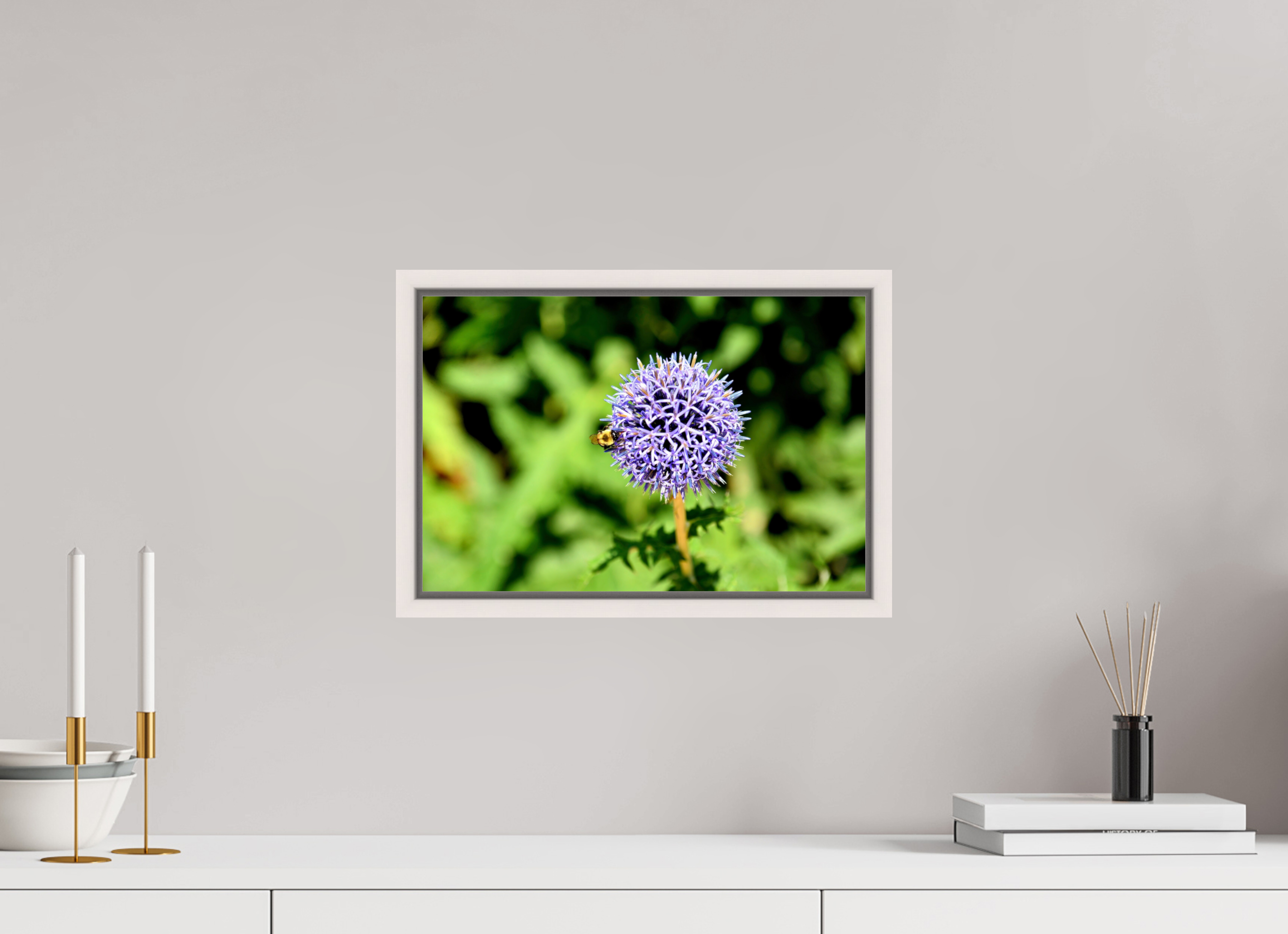 15 x 10″, Floater Frame, Basel 0.6", Maple White, Glossy Acrylic Glass The Bee & The Globe Thistle (Echinops)