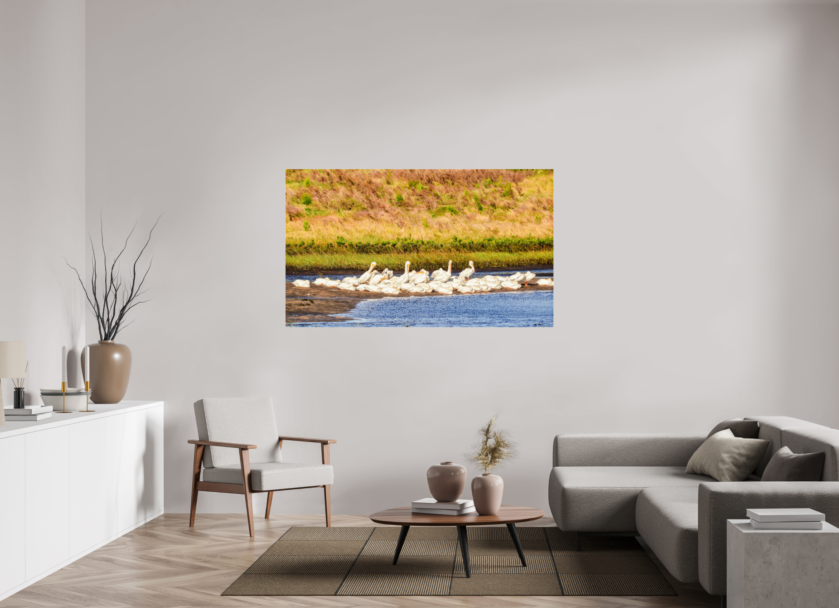 66.1 x 39″, Metallic Photo Print Under Acrylic Glass White Pelicans Golden Hour Gathering