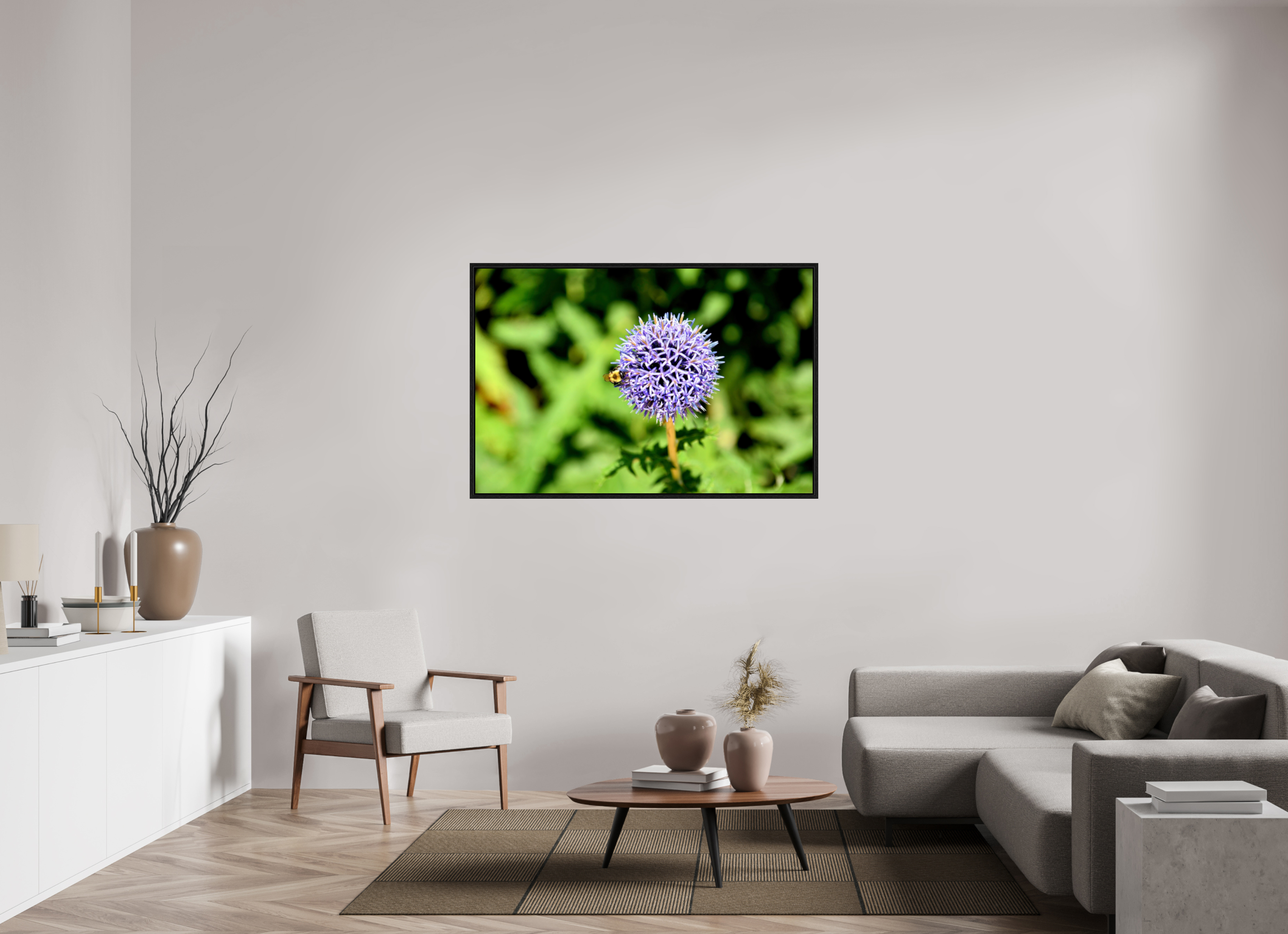 54 x 36″, Floater Frame, Basel 0.6", Black Oak, Glossy Acrylic Glass The Bee & The Globe Thistle (Echinops)
