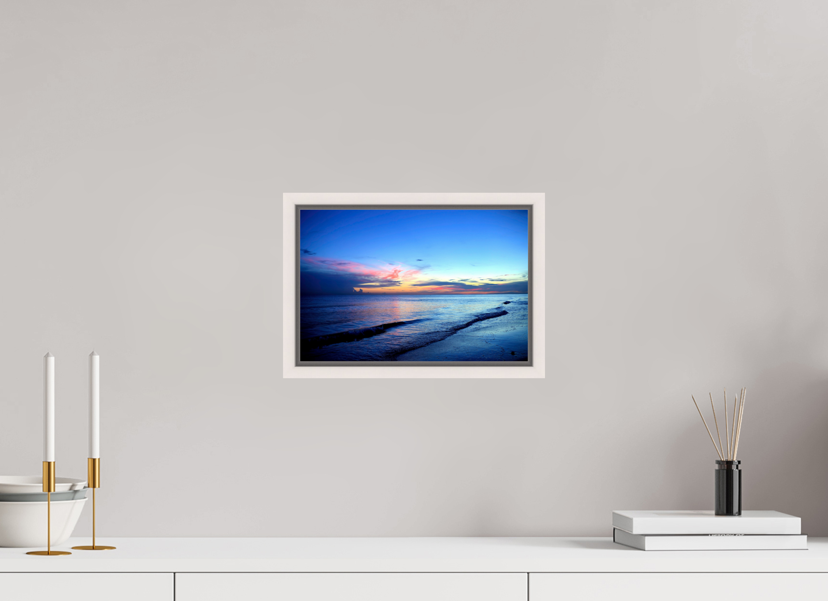 12 x 8″, Floater Frame, Basel 0.6", Maple White, Glossy Acrylic Glass Indigo Horizon