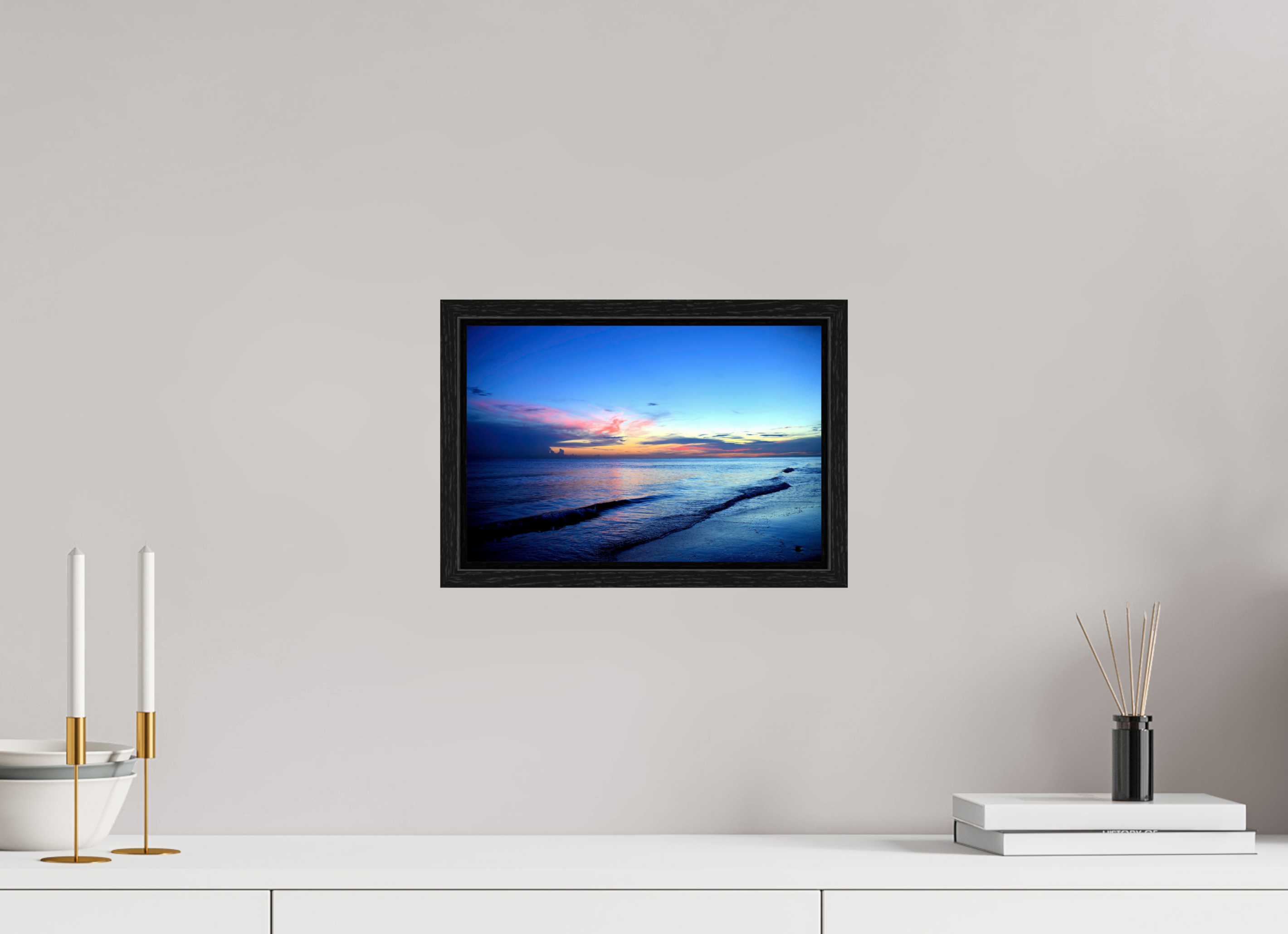 12 x 8″, Floater Frame, Basel 0.6", Black Oak, Glossy Acrylic Glass Indigo Horizon