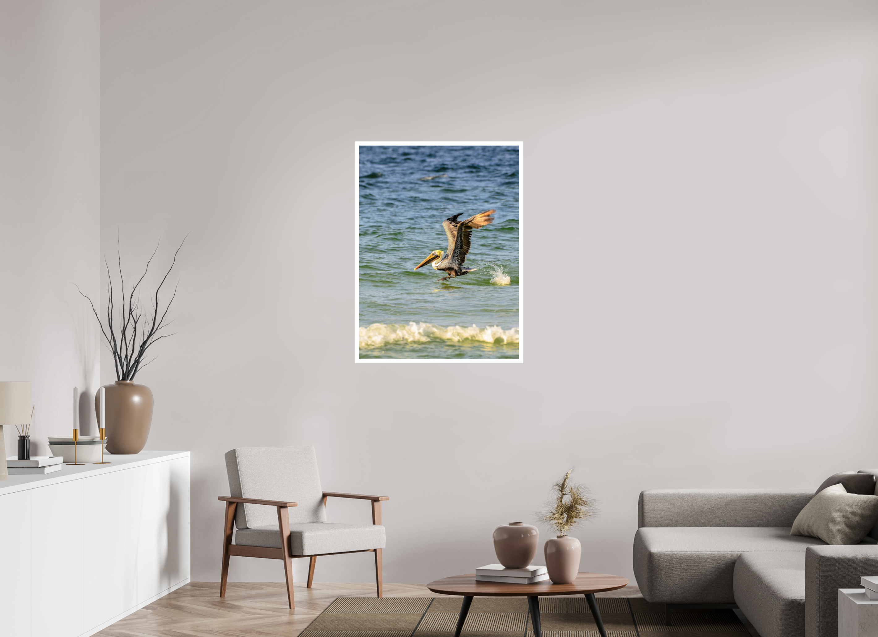 30 x 40″, Hahnemühle FineArt Pearl Print, .79" white border Pelican in Flight