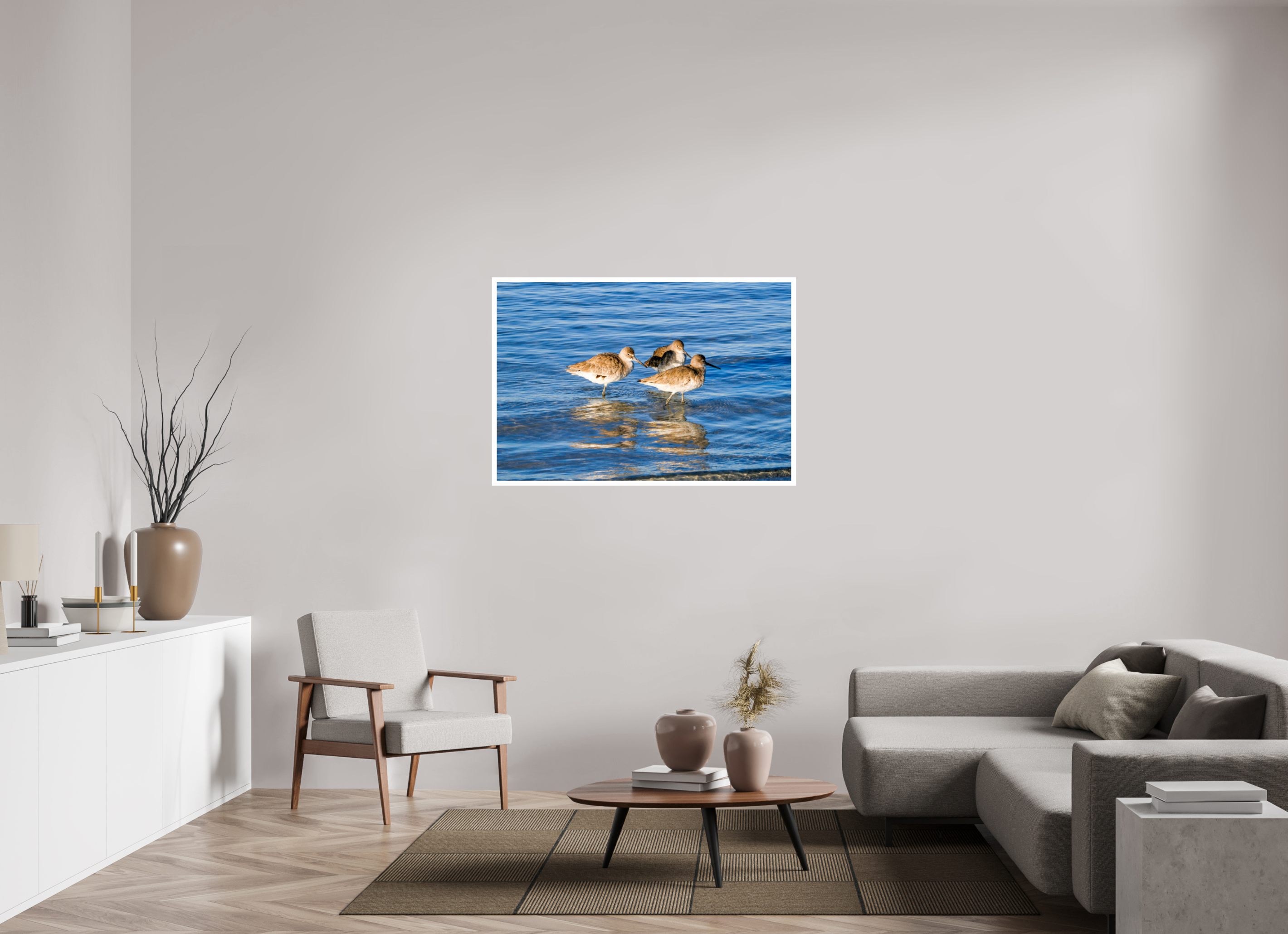 47.4 x 32″, Hahnemühle FineArt Pearl Print, .79" white border The Shoreline Trio: Willets in the Surf