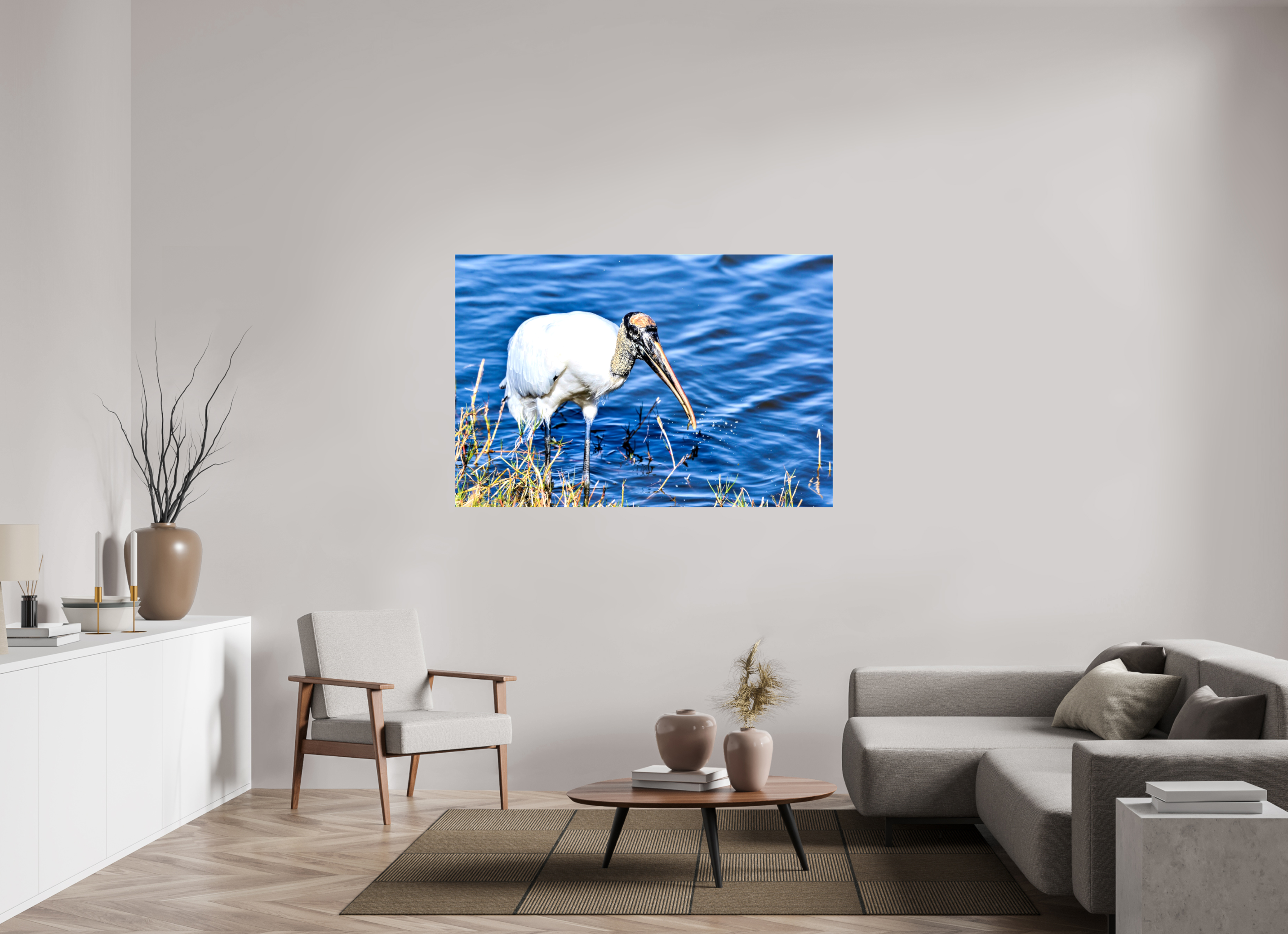 60 x 40″, Glossy Canvas on Stretcher Frame, 1,57" Wrapped The Morning Catch: Wood Stork in Action