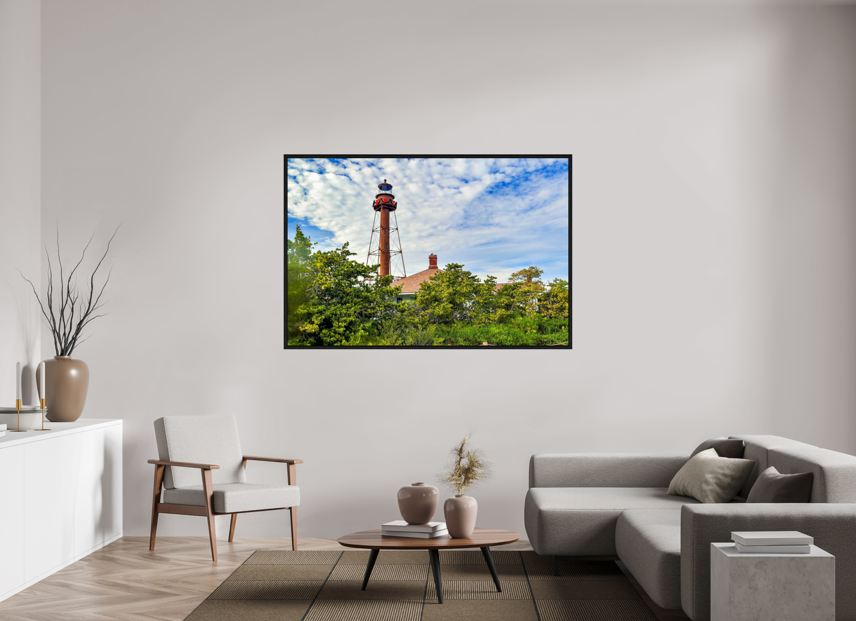 66 x 44″, Floater Frame Sanibel Island Lighthouse – Holiday Edition