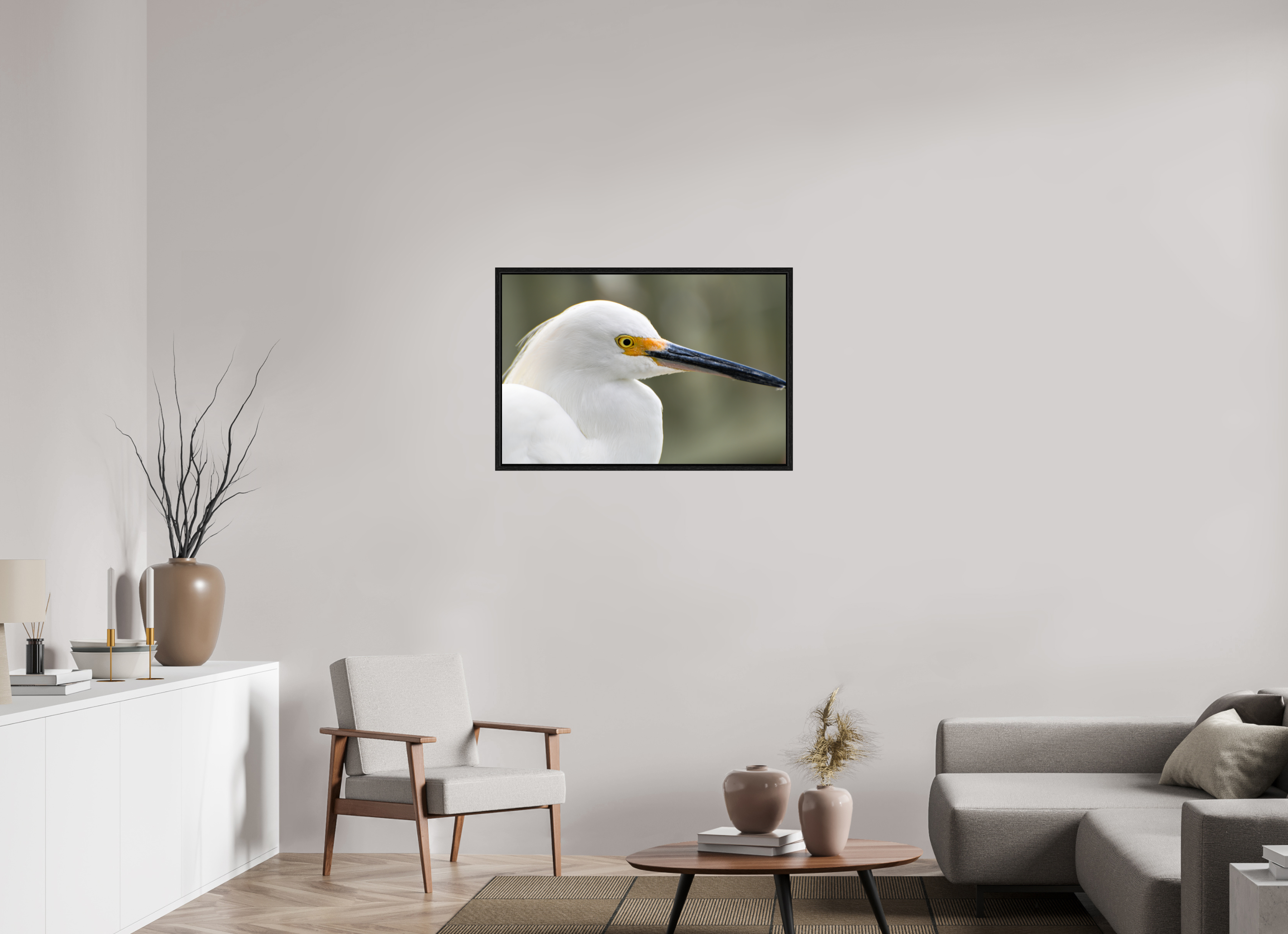 36 x 24″, Floater Frame, Basel 0.6", Black Oak, Glossy Acrylic Glass The White Plume: Snowy Egret Portrait