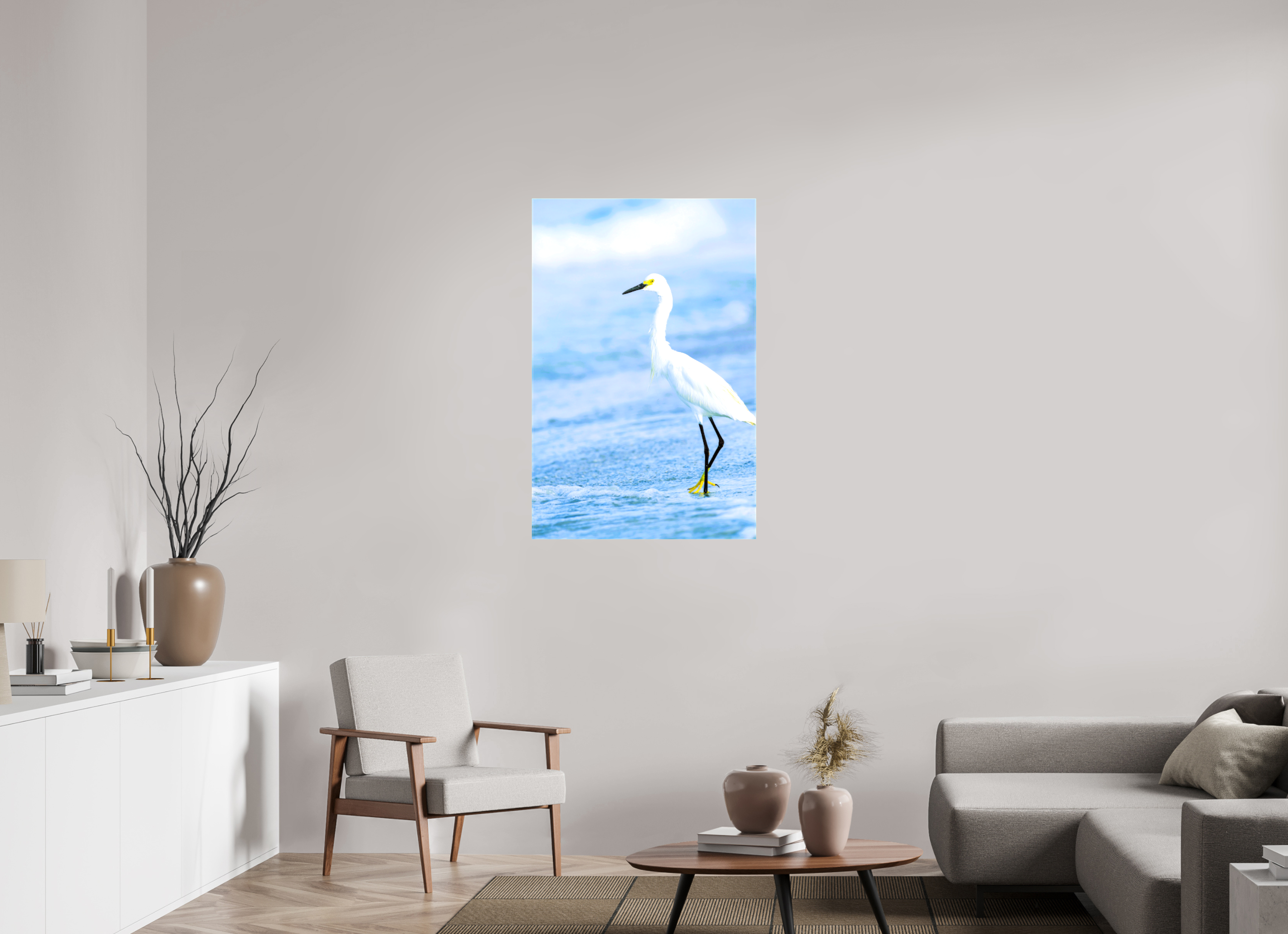 28 x 42.7″, Glossy Canvas on Stretcher Frame, 1,57" Wrapped Snowy Egret in Azure