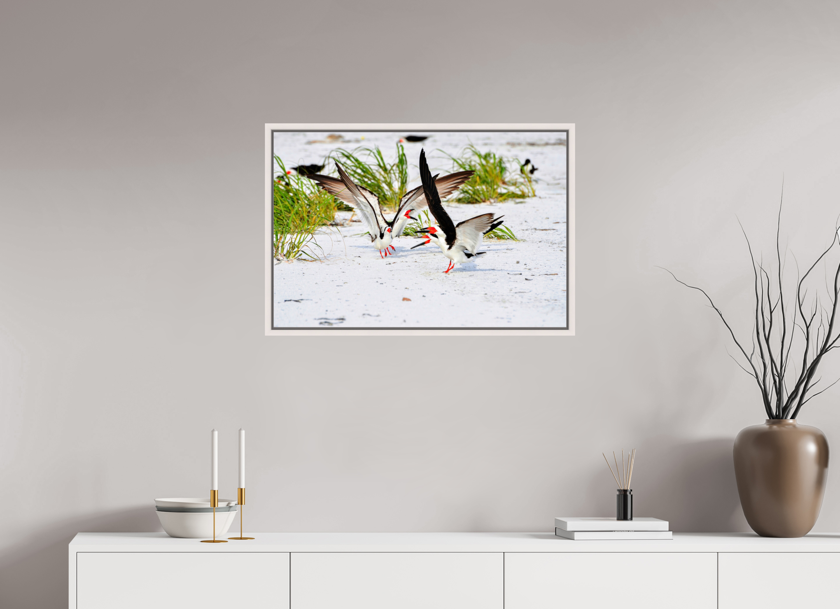 30 x 20″, Floater Frame, Basel 0.6", Maple White, Glossy Acrylic Glass The Skimmer Dance
