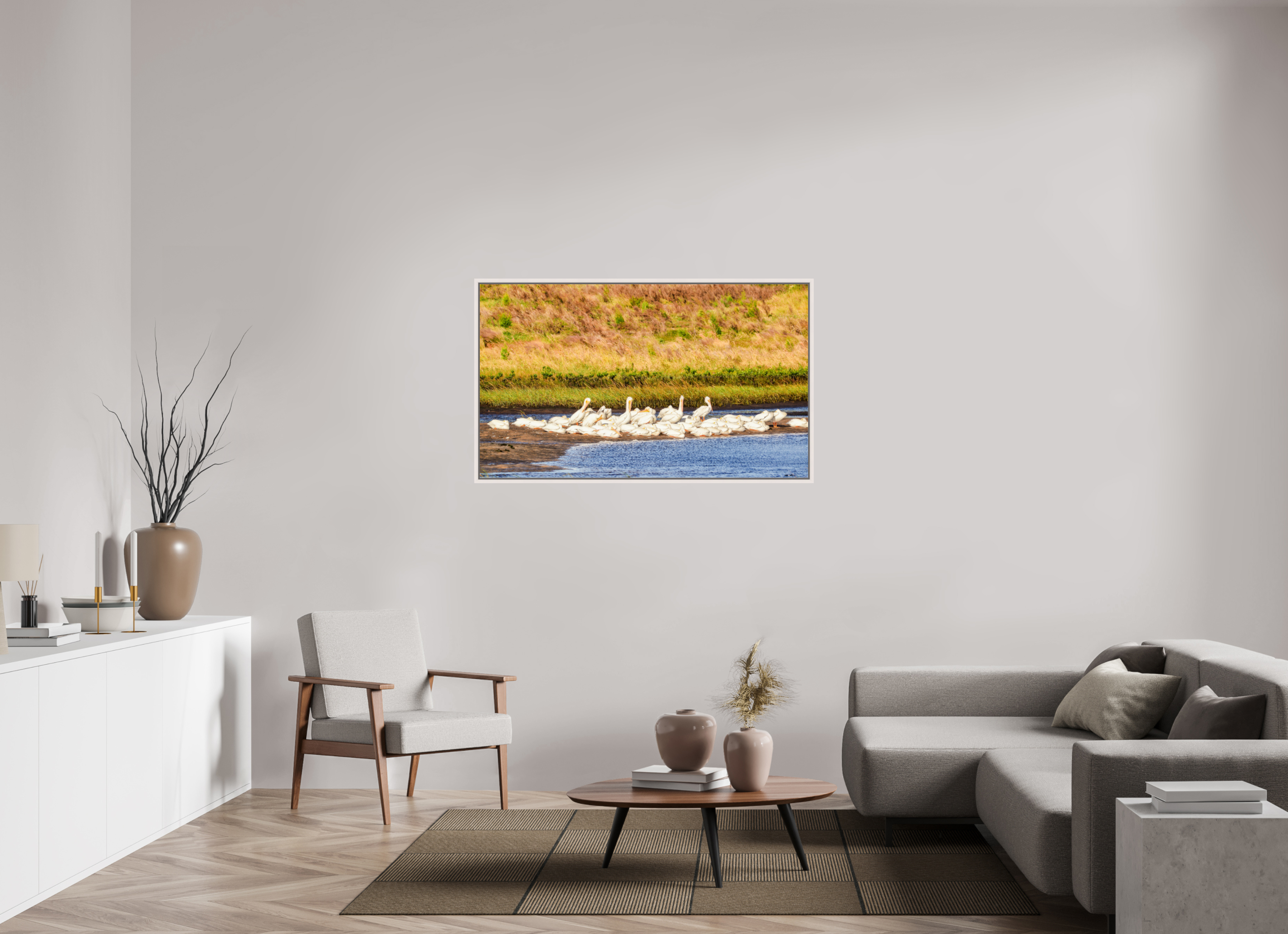 52.6 x 31″, Floater Frame, Basel 0.6", Maple White, Glossy Acrylic Glass White Pelicans Golden Hour Gathering
