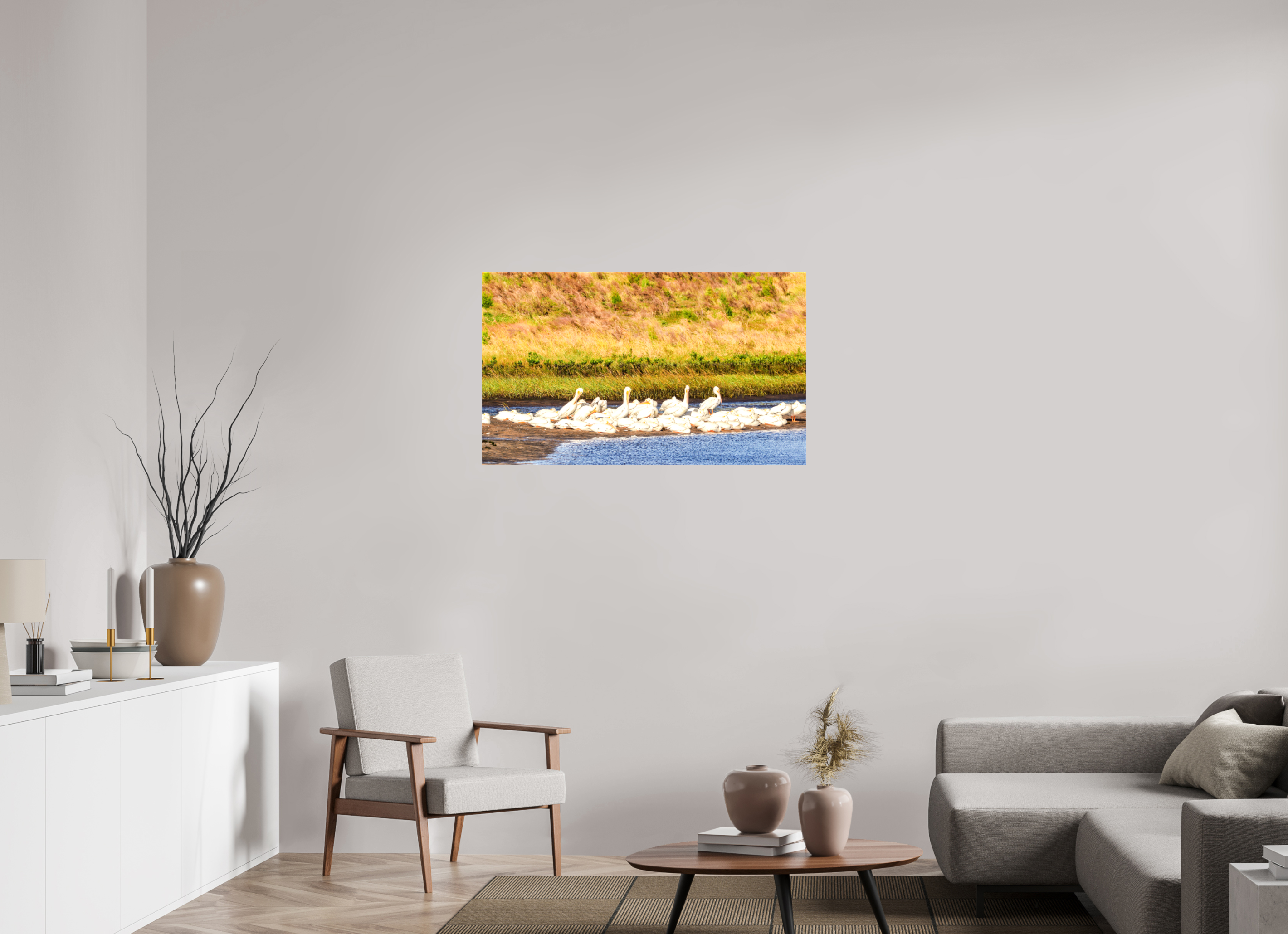 40.7 x 24″, Glossy Canvas on Stretcher Frame, 1,57" Wrapped White Pelicans Golden Hour Gathering