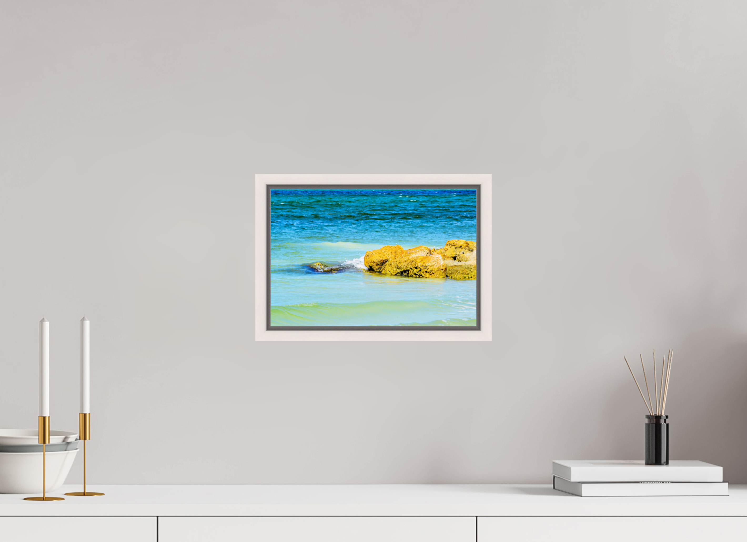 12 x 8″, Floater Frame, Basel 0.6", Maple White, Glossy Acrylic Glass Calm Waters