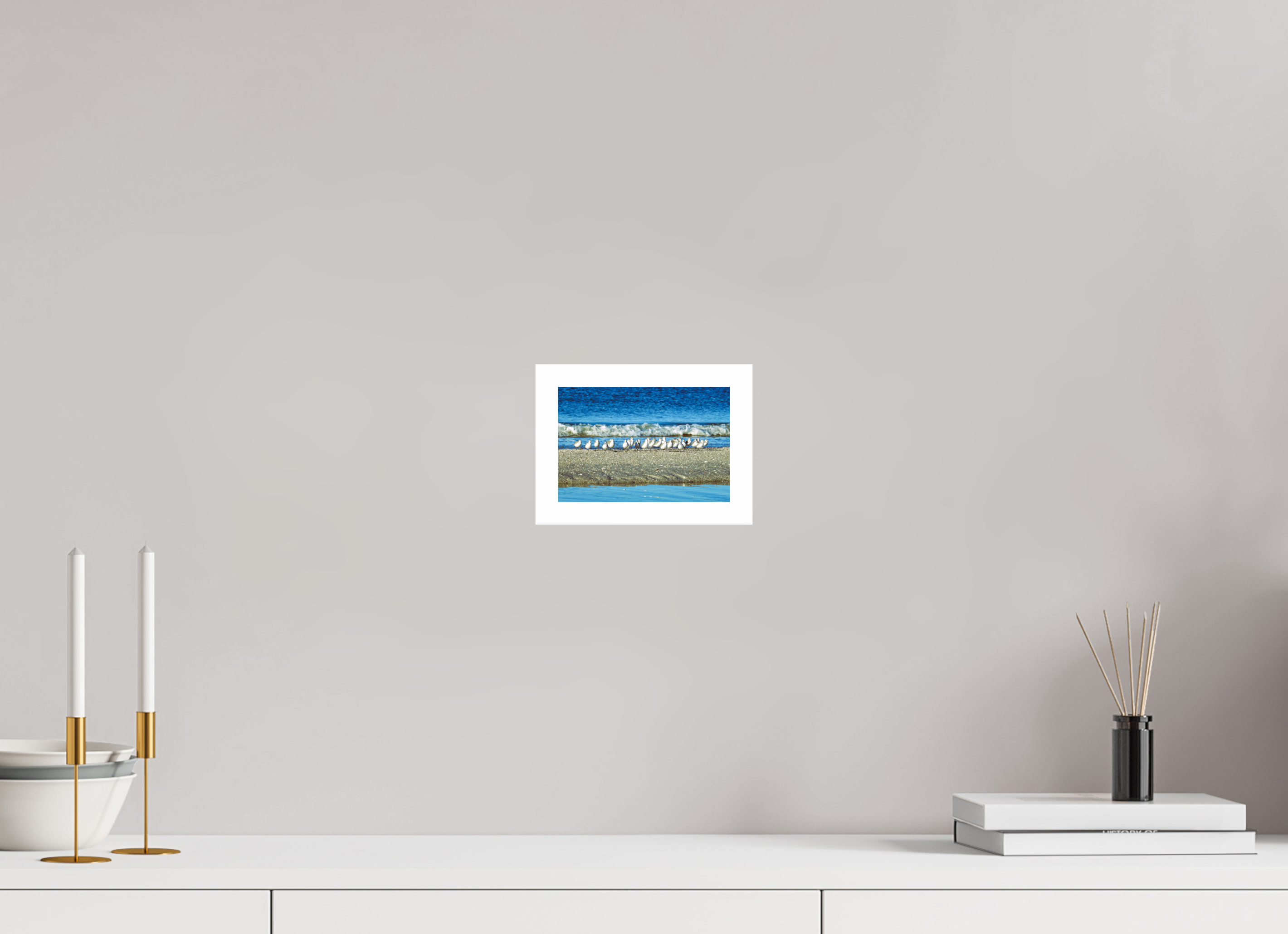 6 x 4″, Hahnemühle FineArt Pearl Print, .79" white border Sanderlings on Standby