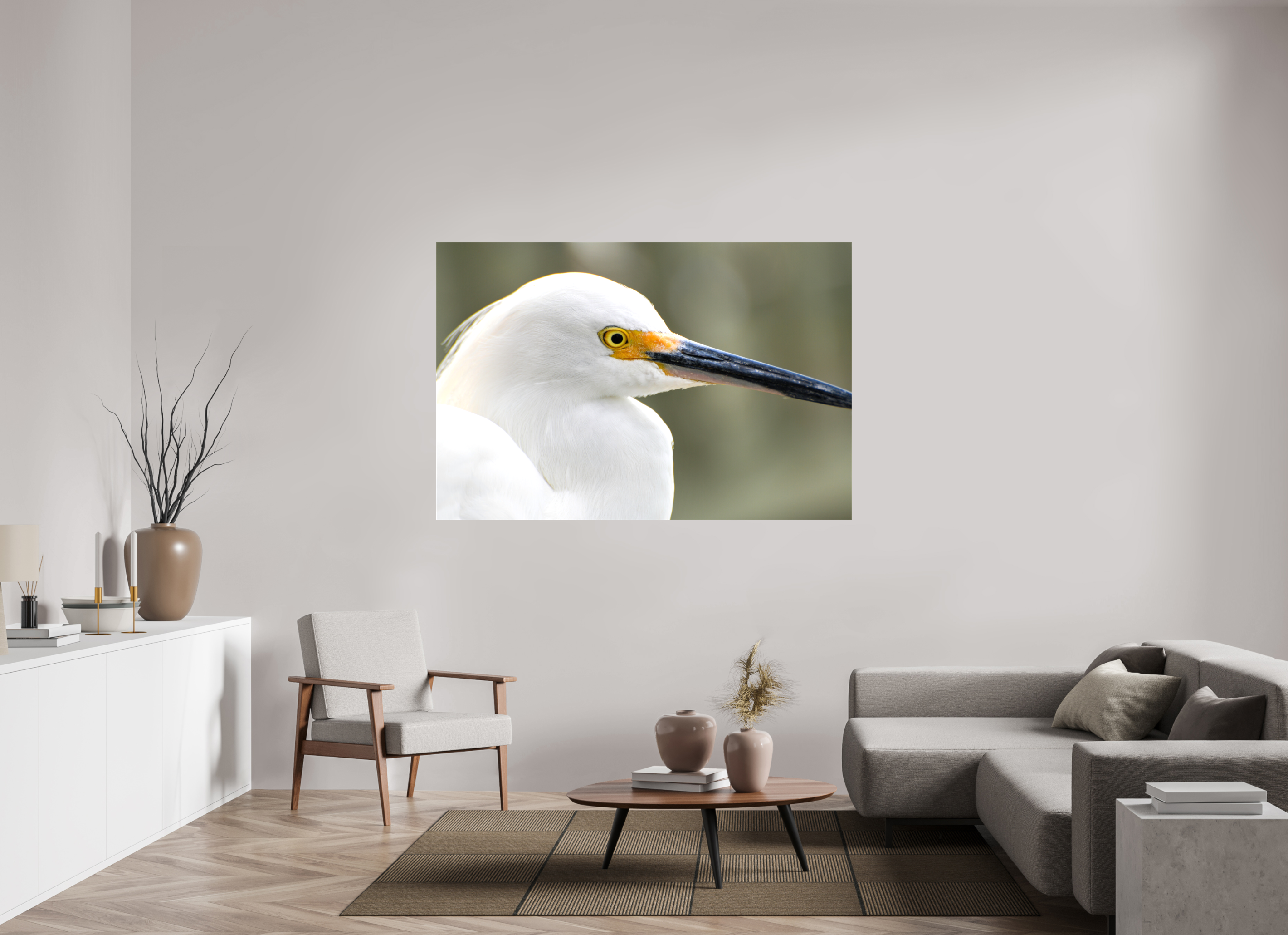 66 x 44″, Glossy Canvas on Stretcher Frame, 1,57" Wrapped The White Plume: Snowy Egret Portrait