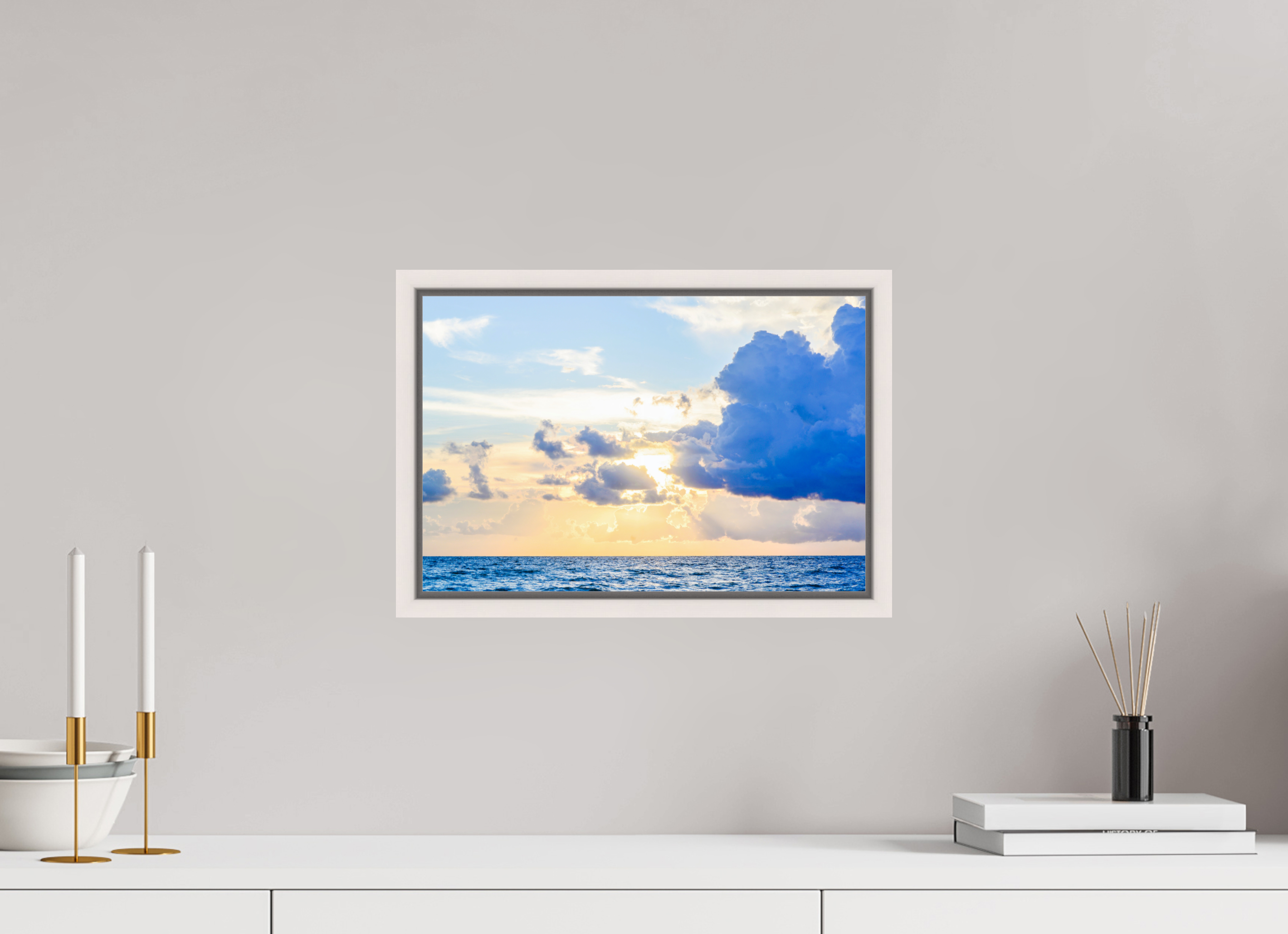 15 x 10″, Floater Frame, Basel 0.6", Maple White, Glossy Acrylic Glass Breaking Through The Clouds