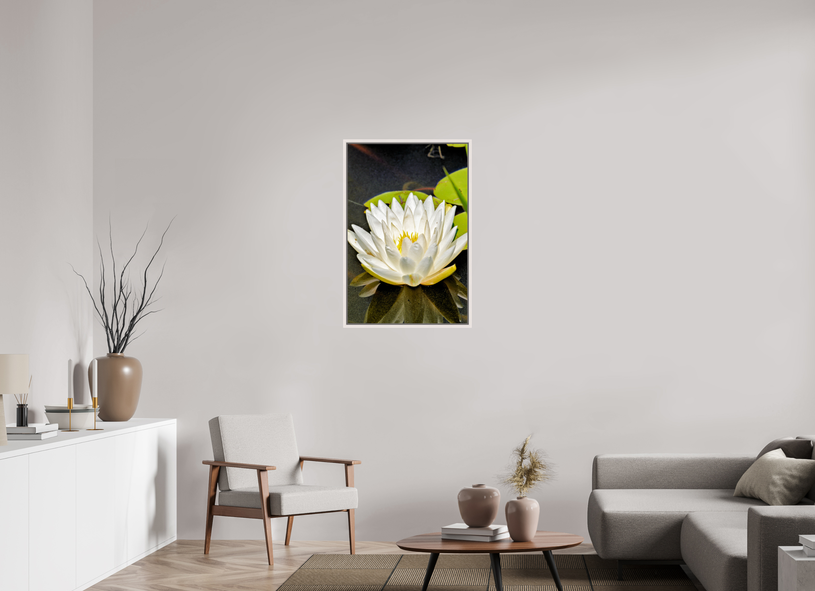 24 x 36″, Floater Frame, Basel 0.6", Maple White, Glossy Acrylic Glass The White Water Lily