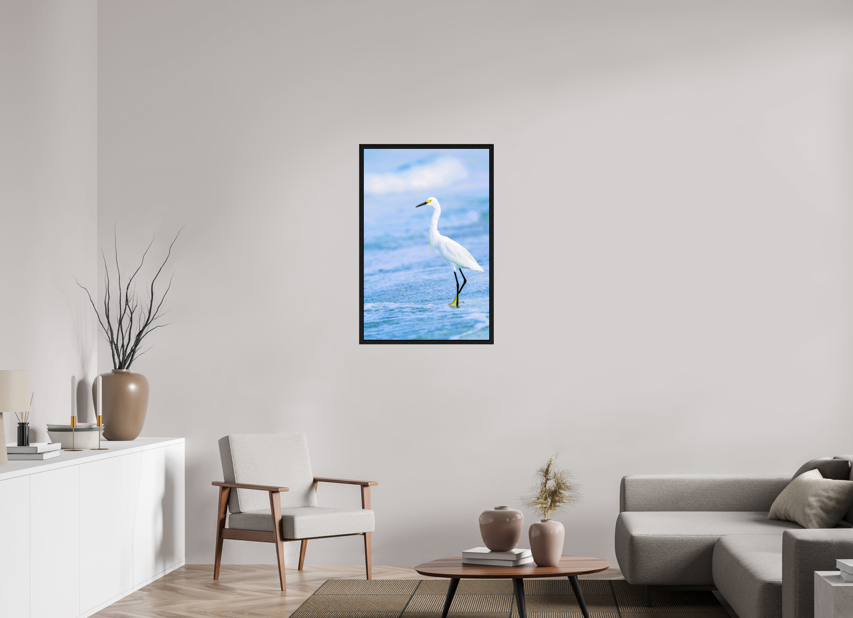 24 x 36.6″, Floater Frame, Basel 0.6", Black Oak, Glossy Acrylic Glass Snowy Egret in Azure