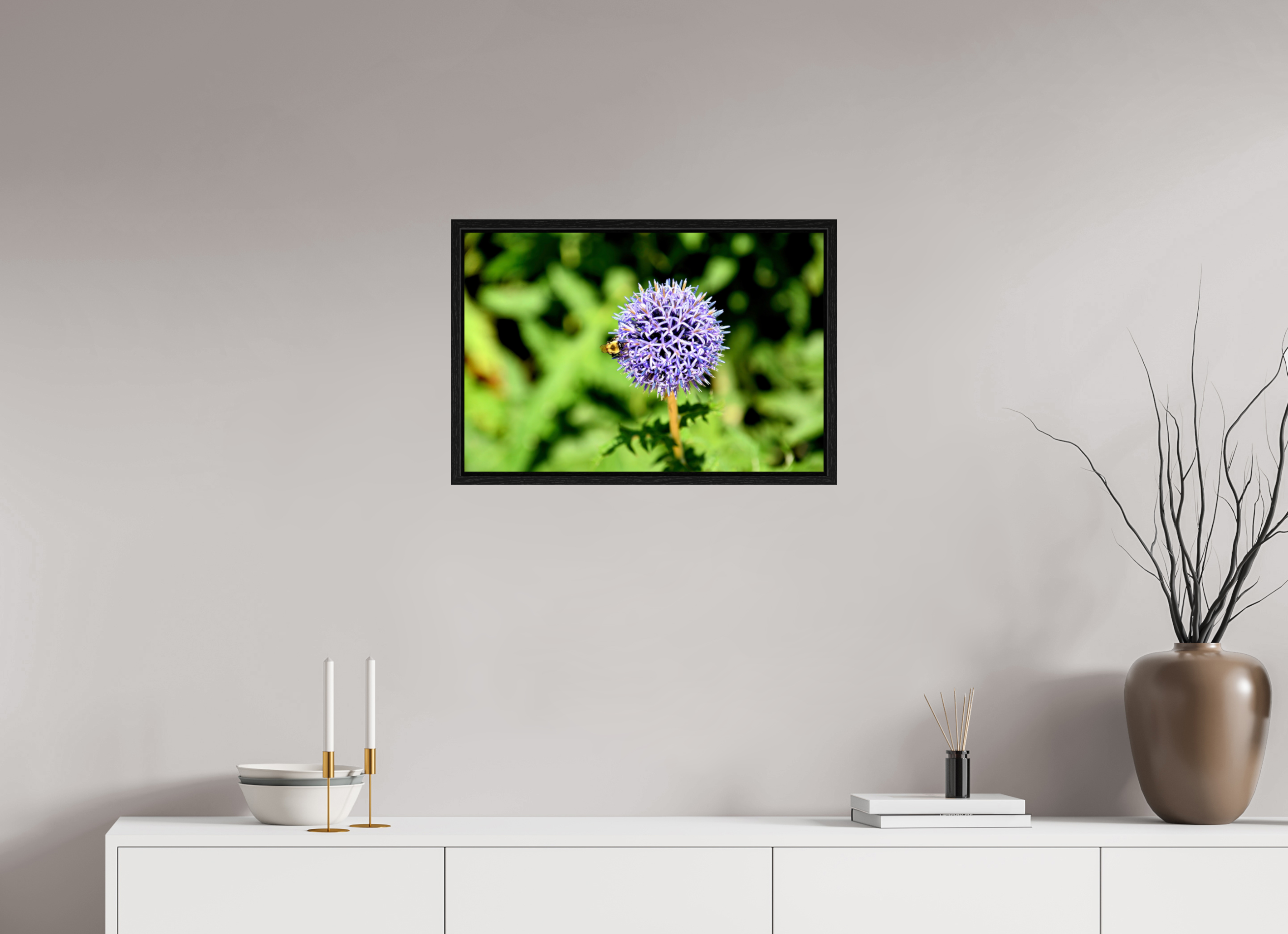 24 x 16″, Floater Frame, Basel 0.6", Black Oak, Glossy Acrylic Glass The Bee & The Globe Thistle (Echinops)