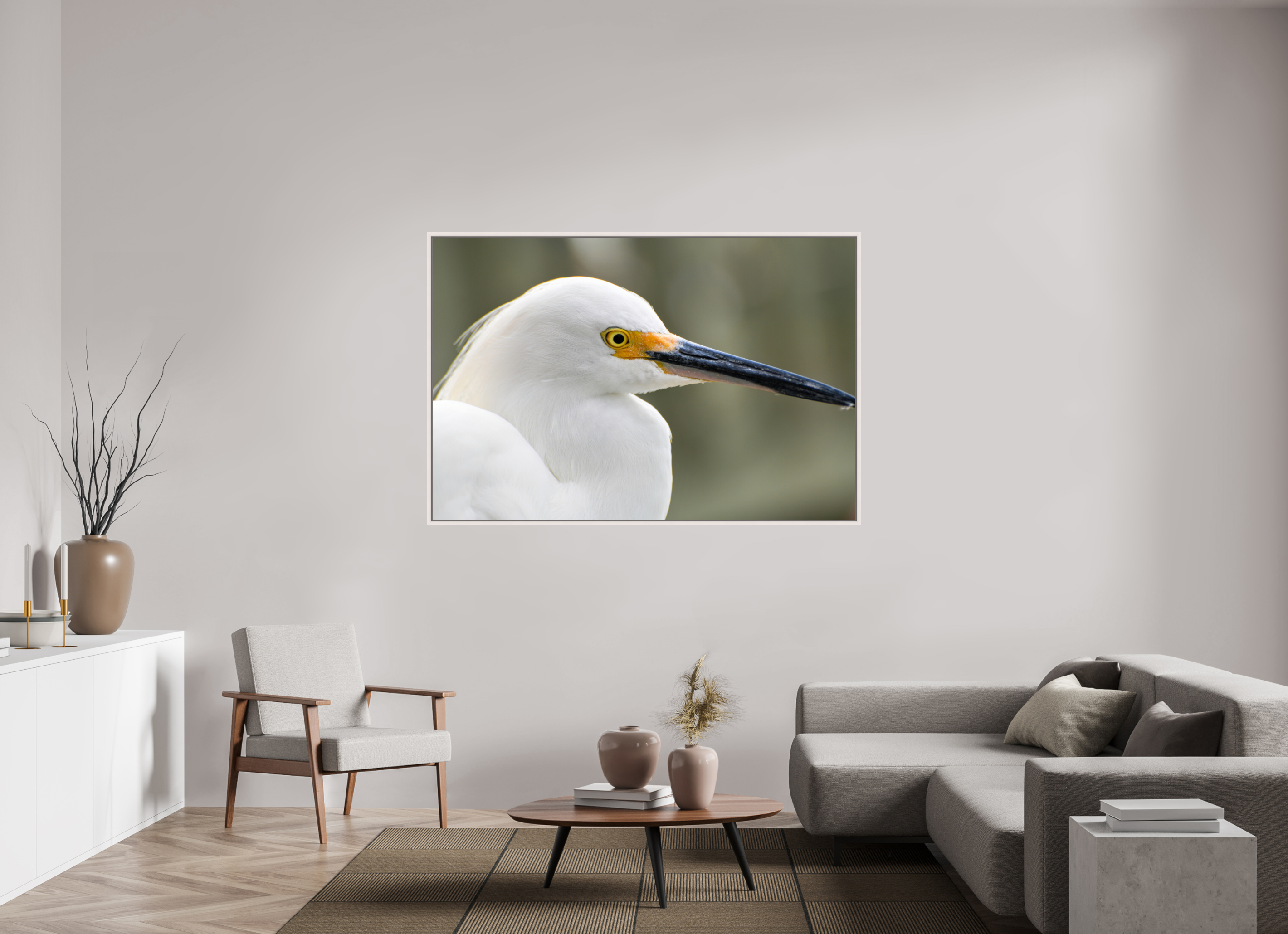 66 x 44″, Floater Frame, Basel 0.6", Maple White, Glossy Acrylic Glass The White Plume: Snowy Egret Portrait