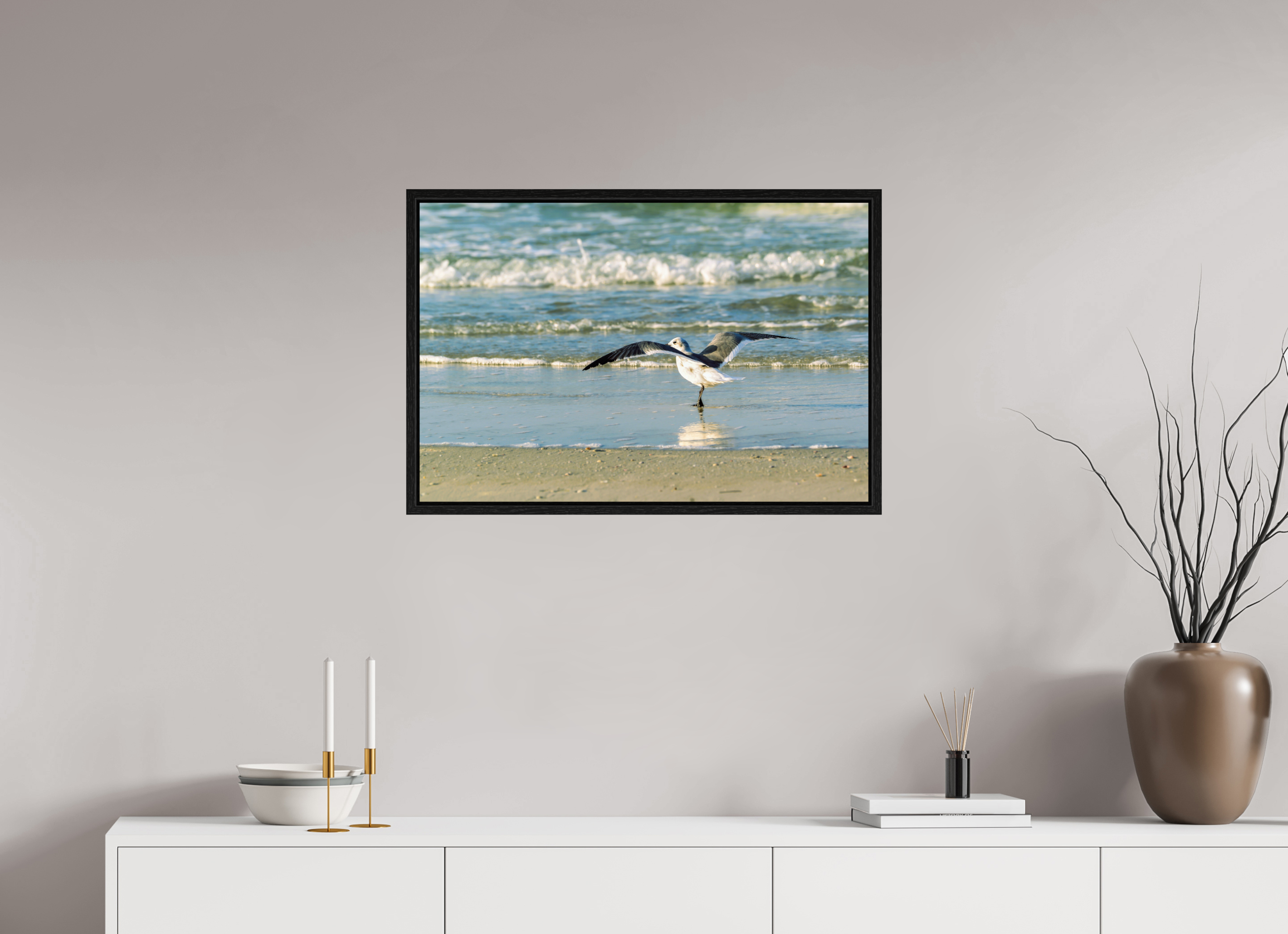 30 x 20″, Floater Frame Laughing Gull in Motion