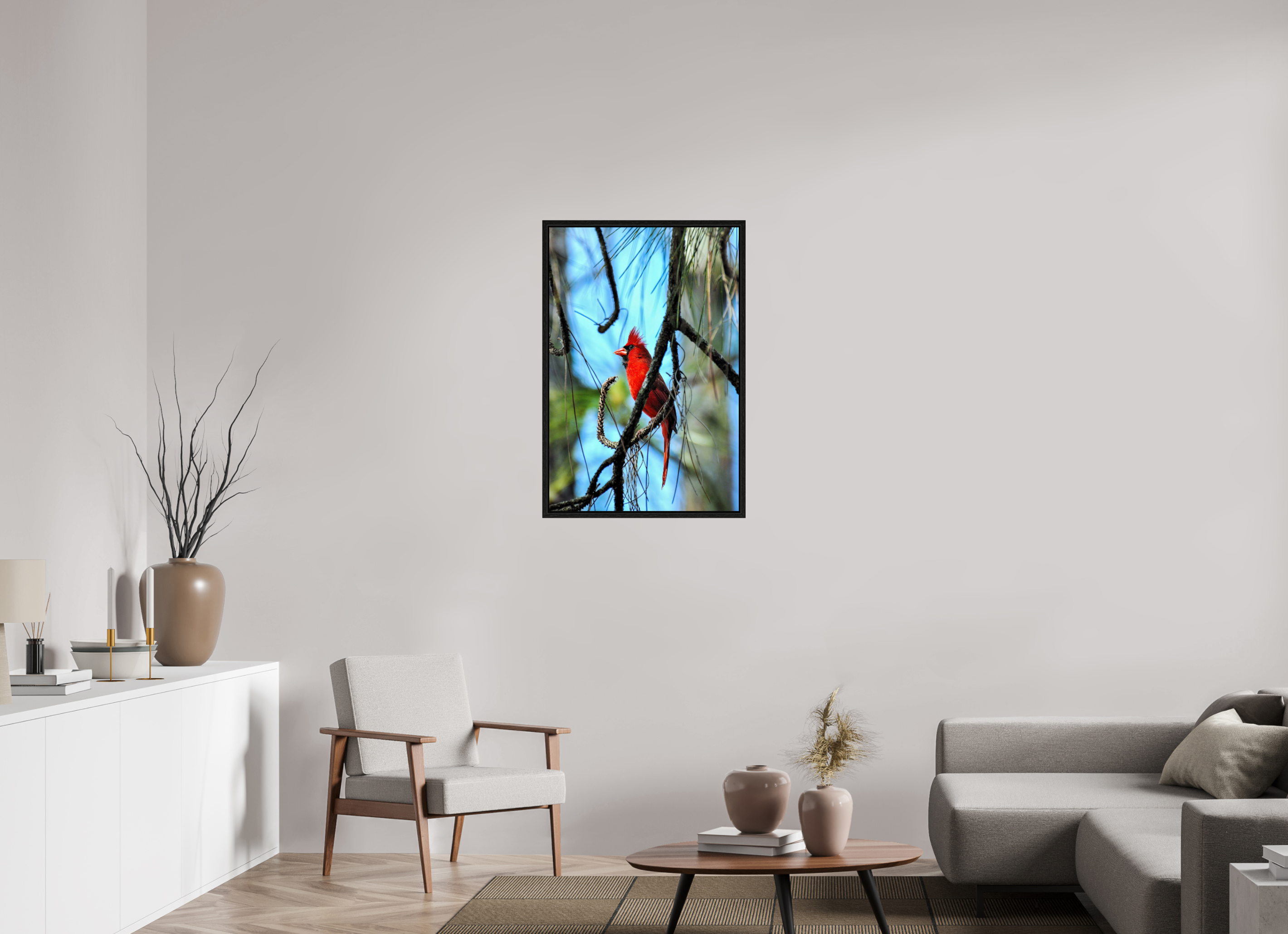 24 x 36″, Floater Frame, Basel 0.6", Black Oak, Glossy Acrylic Glass The Corkscrew Cardinal
