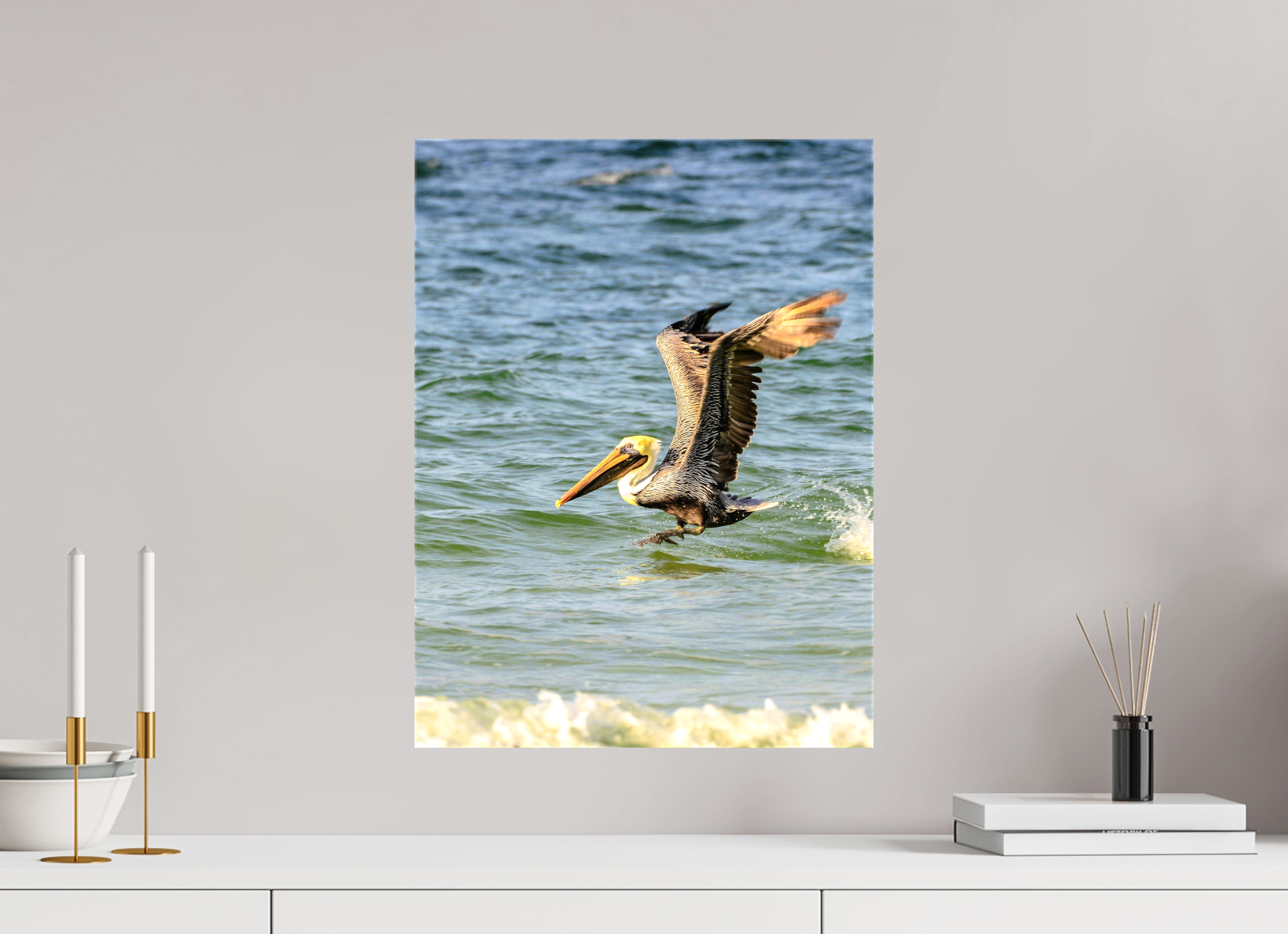 15 x 20″, Glossy Canvas on Stretcher Frame, 1,57" Wrapped Pelican in Flight