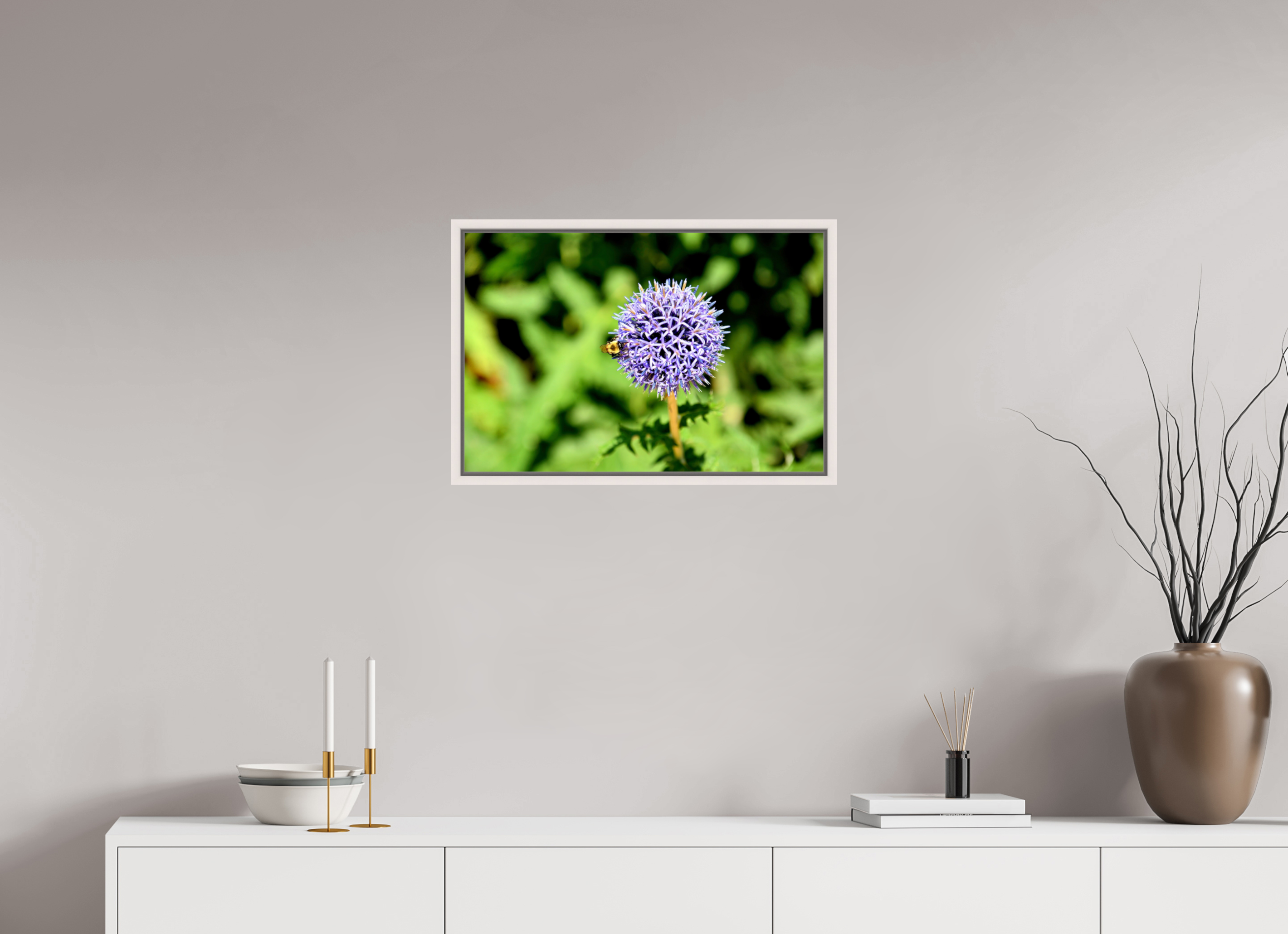 24 x 16″, Floater Frame, Basel 0.6", Maple White, Glossy Acrylic Glass The Bee & The Globe Thistle (Echinops)