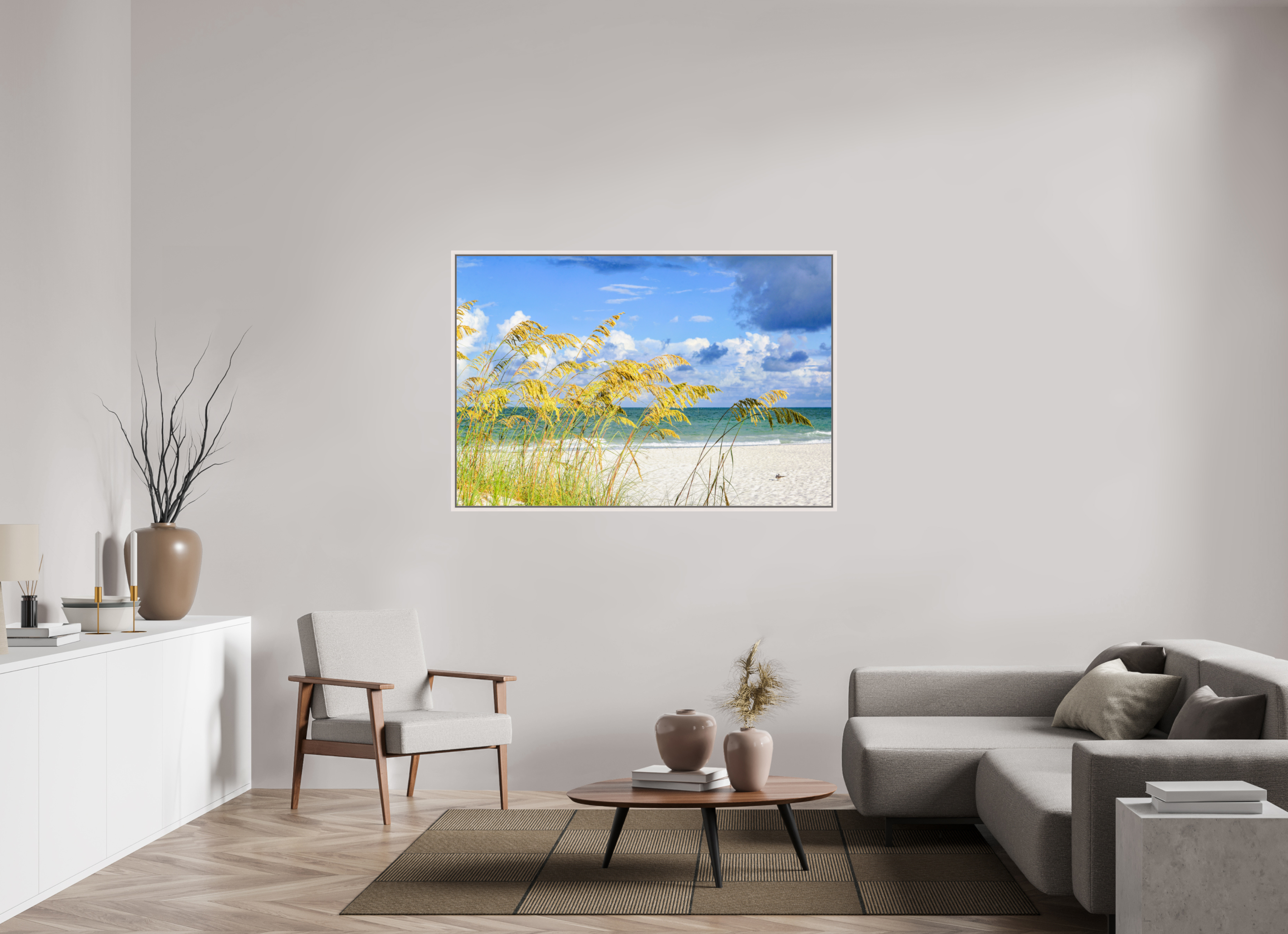 60 x 40″, Floater Frame, Basel 0.6", Maple White, Glossy Acrylic Glass Golden Sea Oats
