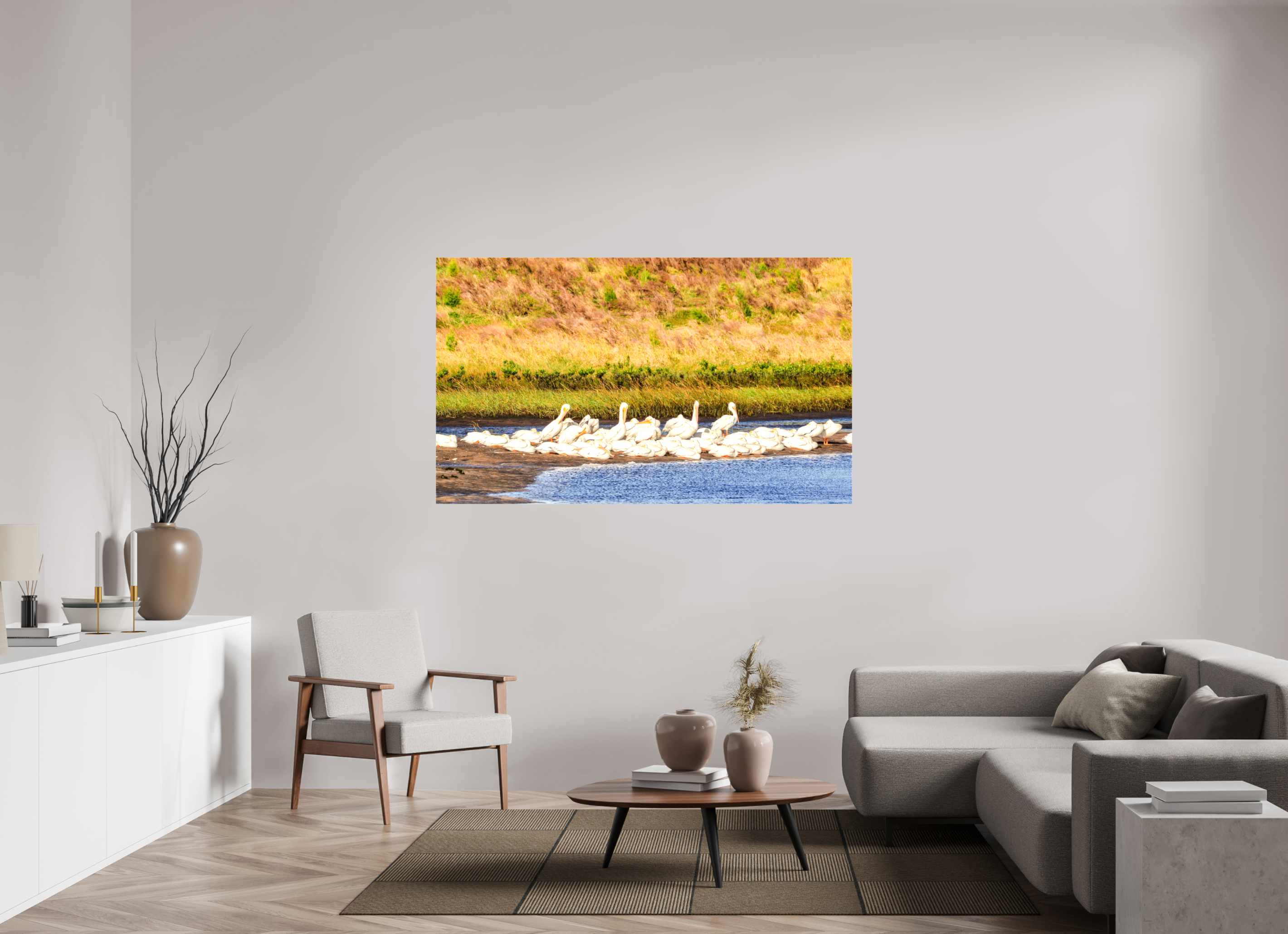 66.1 x 39″, Glossy Canvas on Stretcher Frame, 1,57" Wrapped White Pelicans Golden Hour Gathering