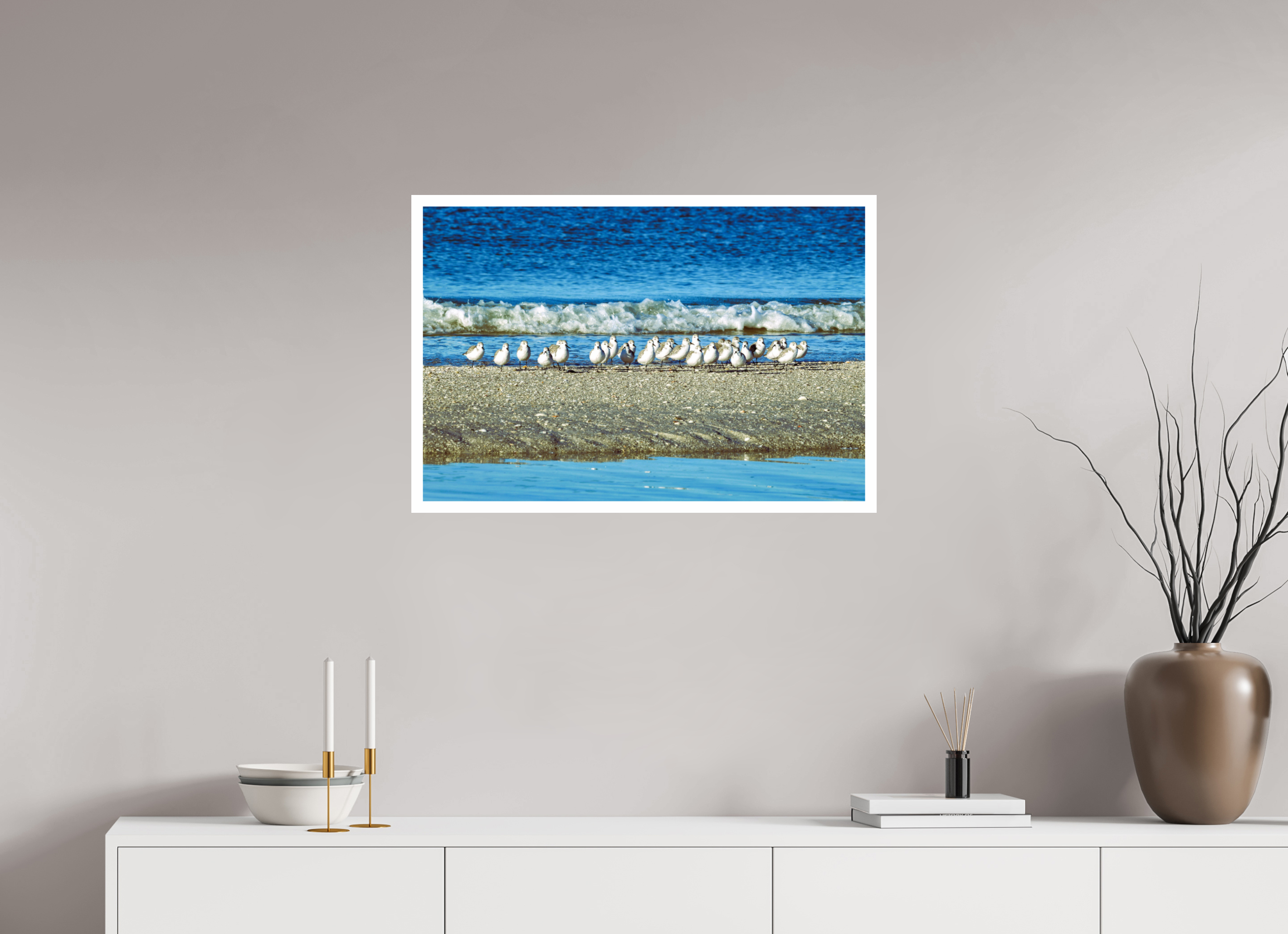 30 x 20″, Hahnemühle FineArt Pearl Print, .79" white border Sanderlings on Standby