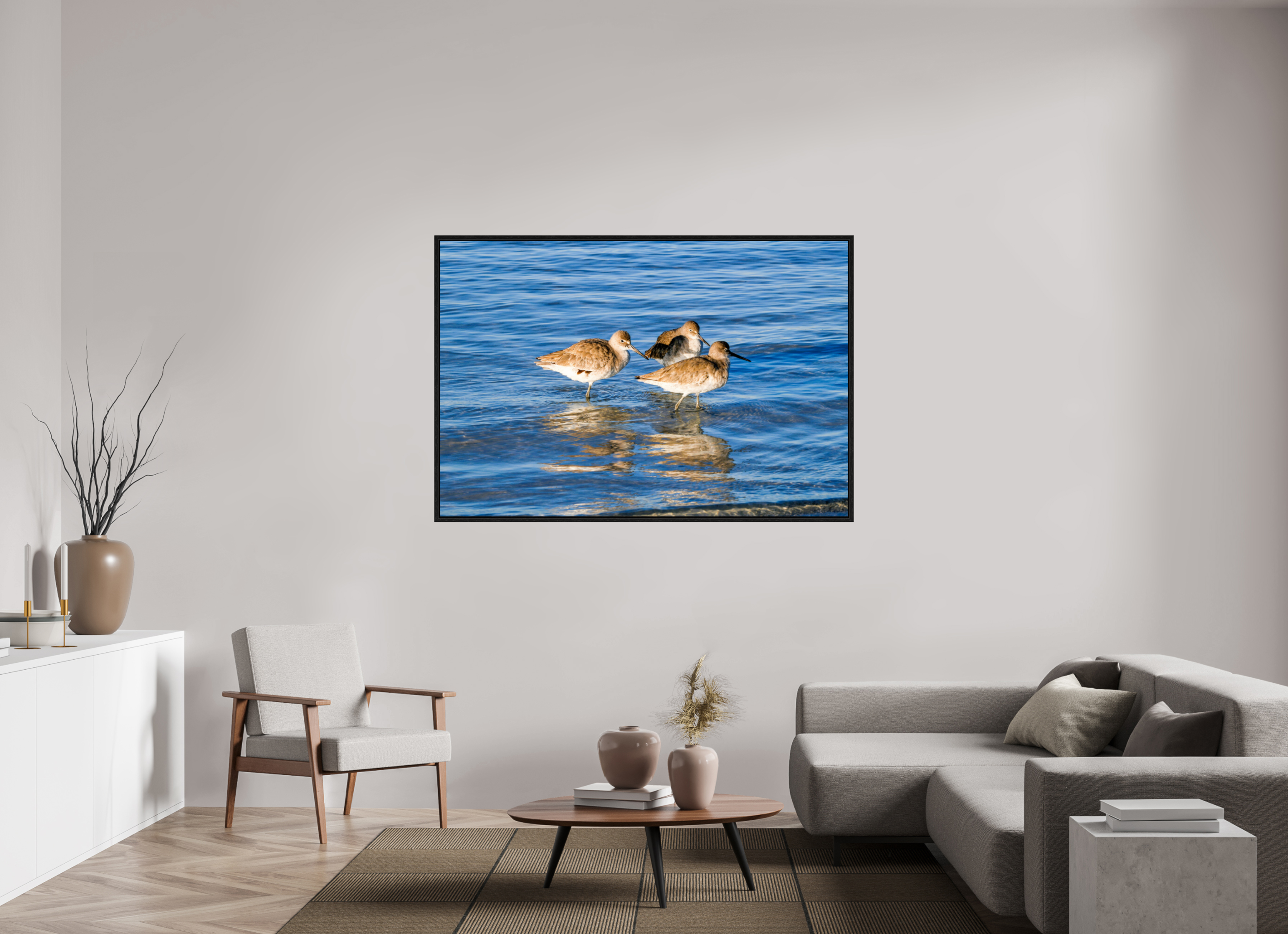 63.7 x 43″, Floater Frame, Basel 0.6", Black Oak, Glossy Acrylic Glass The Shoreline Trio: Willets in the Surf