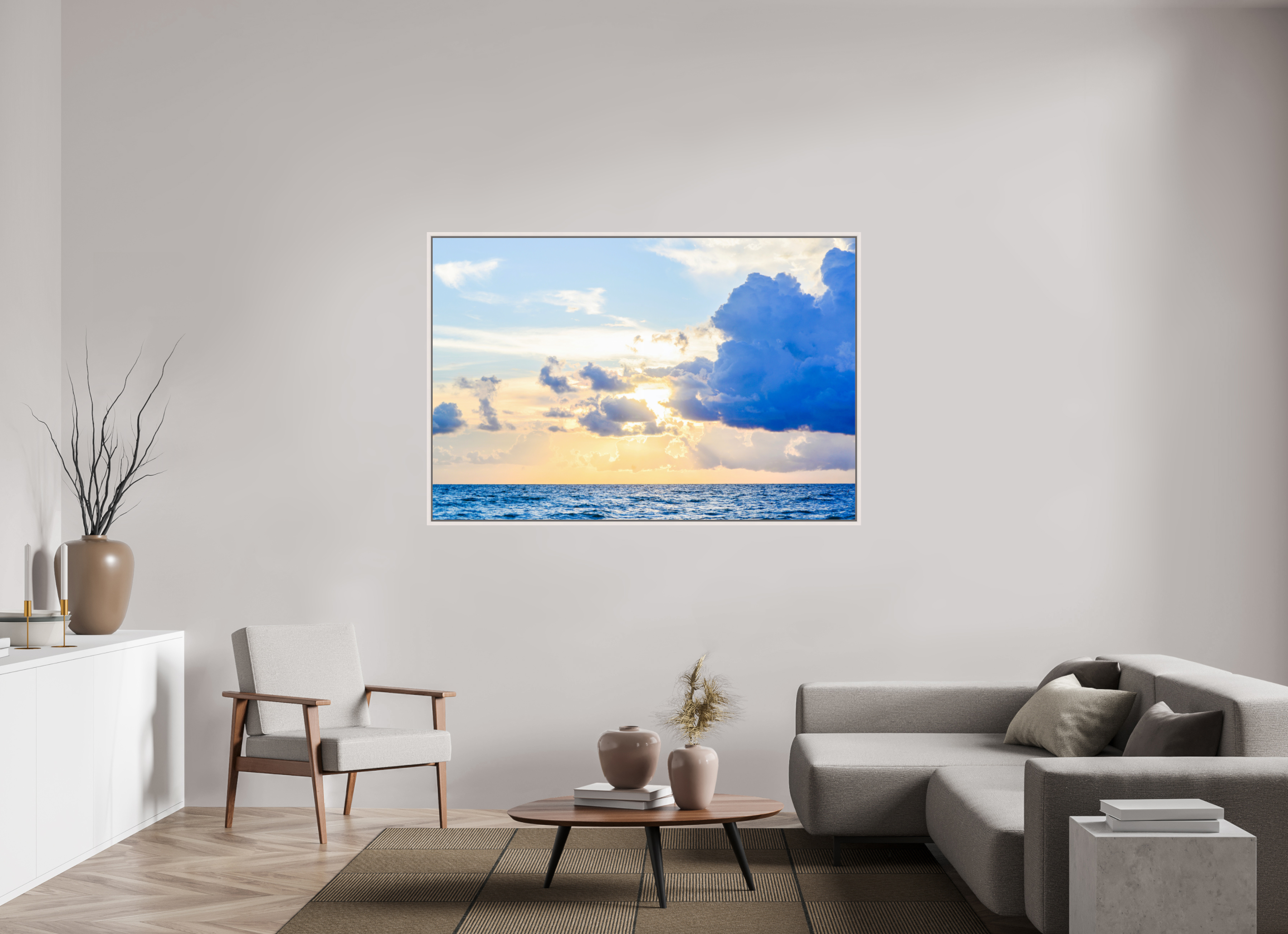 66 x 44″, Floater Frame, Basel 0.6", Maple White, Glossy Acrylic Glass Breaking Through The Clouds