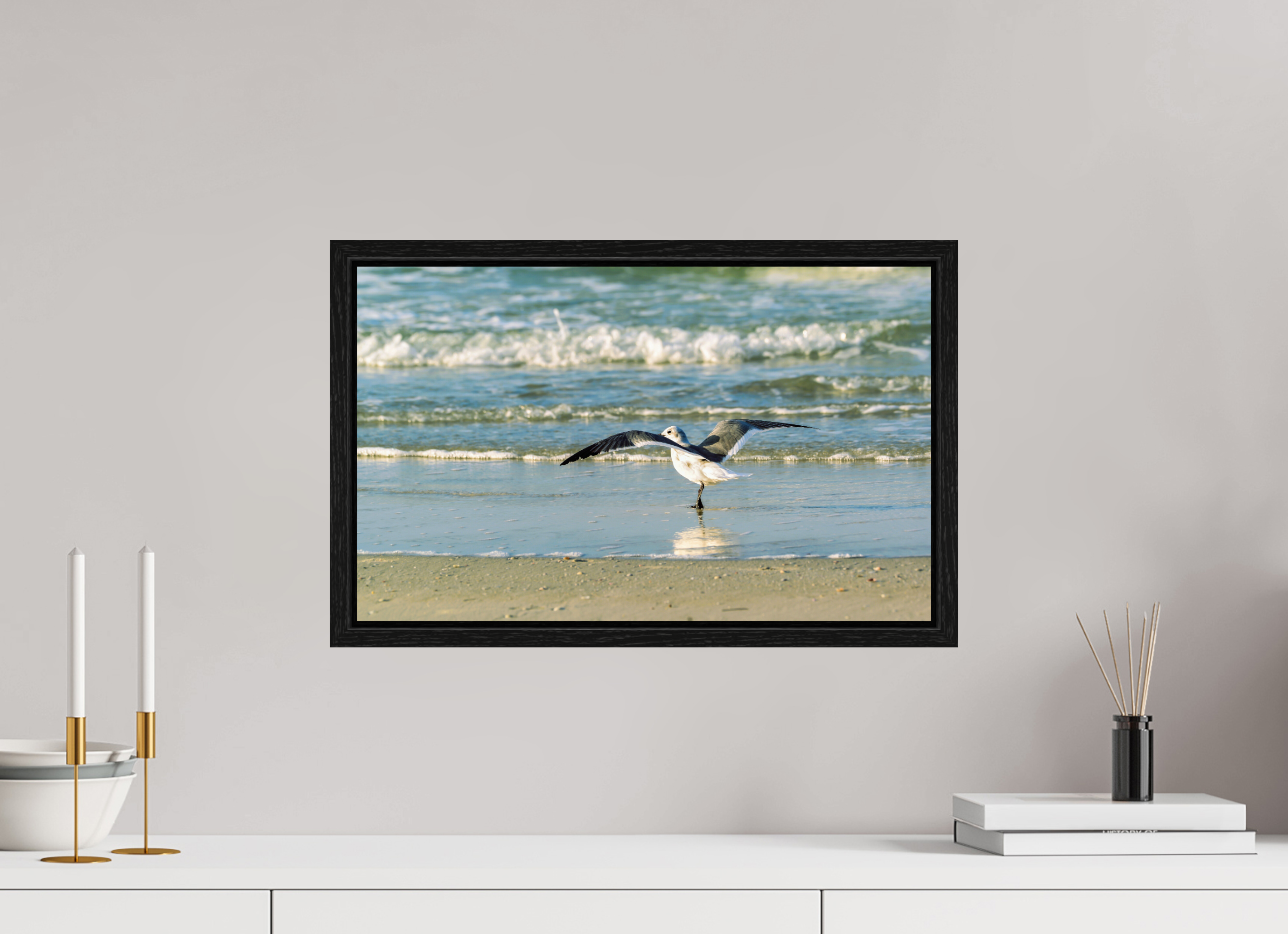 19.4 x 12″, Floater Frame Laughing Gull in Motion
