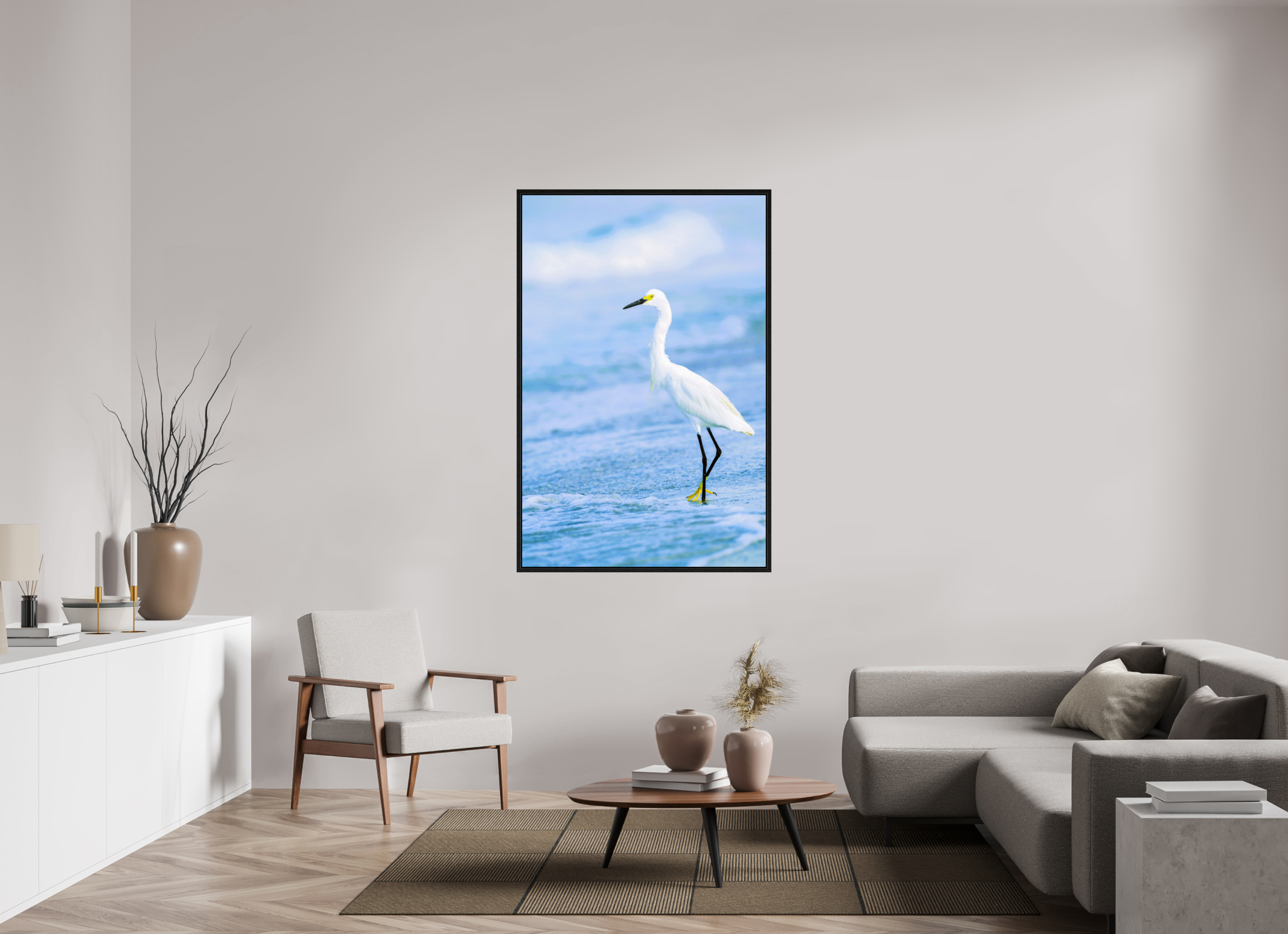 39 x 59.5″, Floater Frame, Basel 0.6", Black Oak, Glossy Acrylic Glass Snowy Egret in Azure
