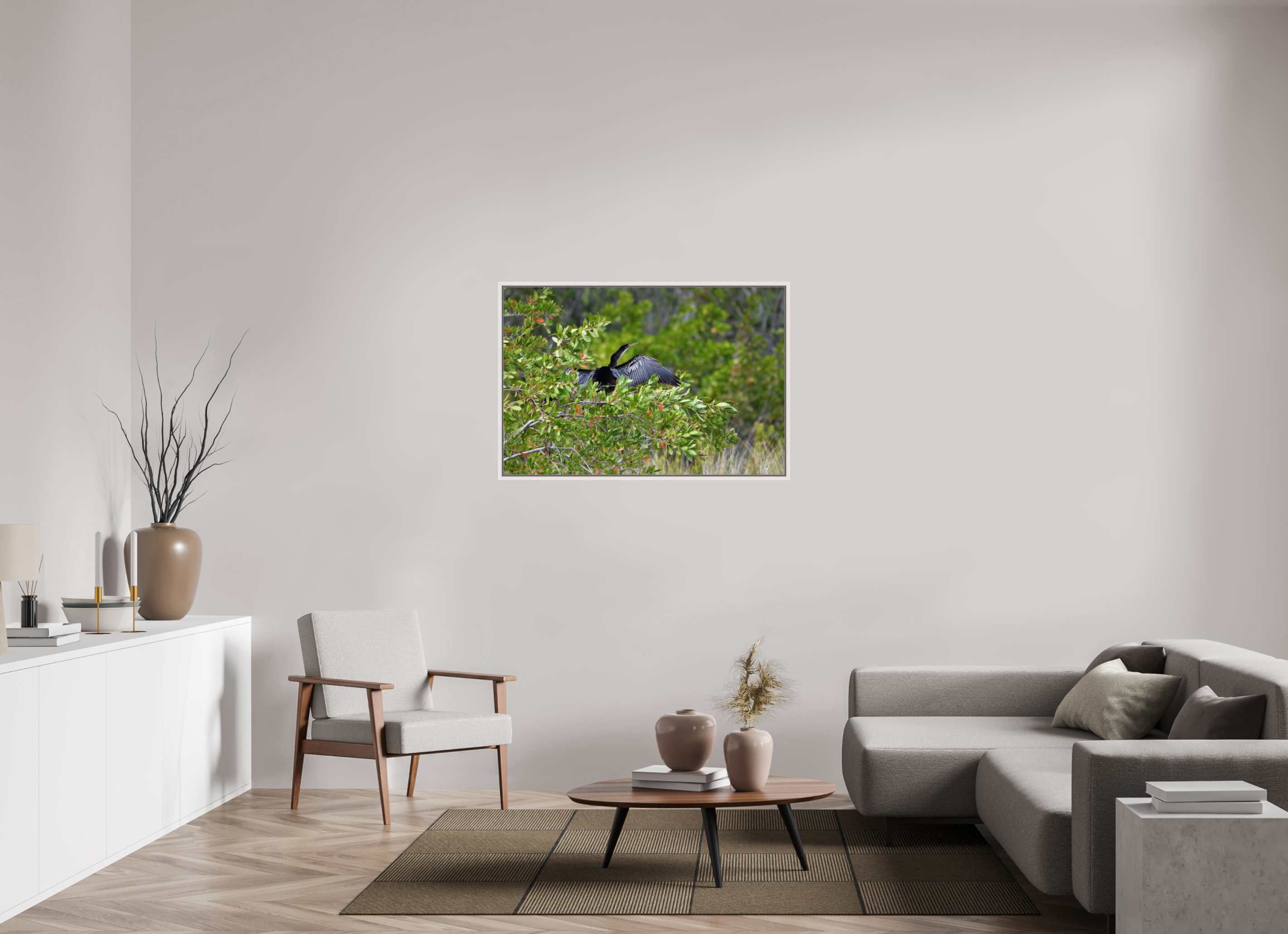 45 x 30″, Floater Frame, Basel 0.6", Maple White, Glossy Acrylic Glass Florida Anhinga Sunning