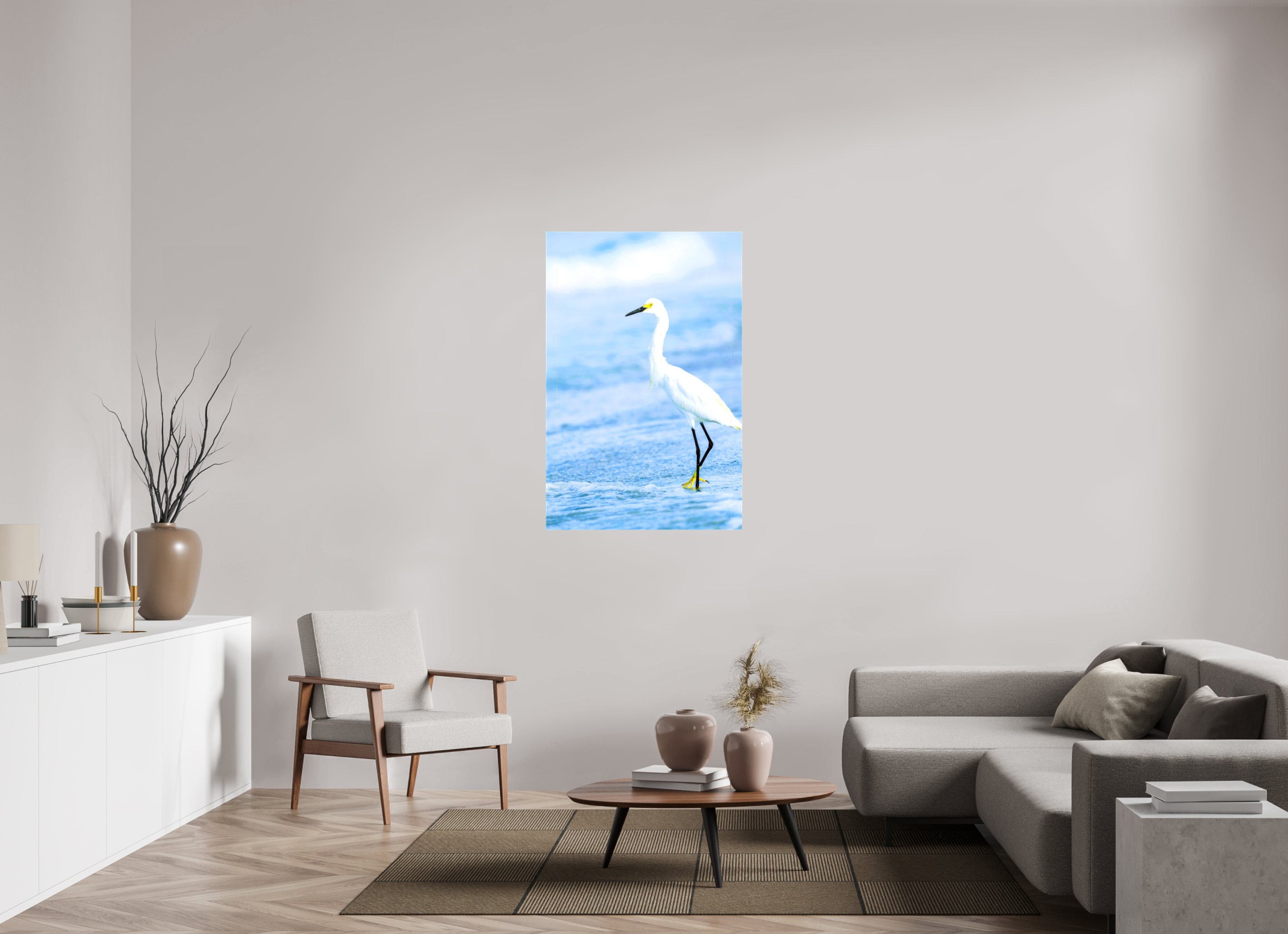 31 x 47.3″, Glossy Canvas on Stretcher Frame, 1,57" Wrapped Snowy Egret in Azure