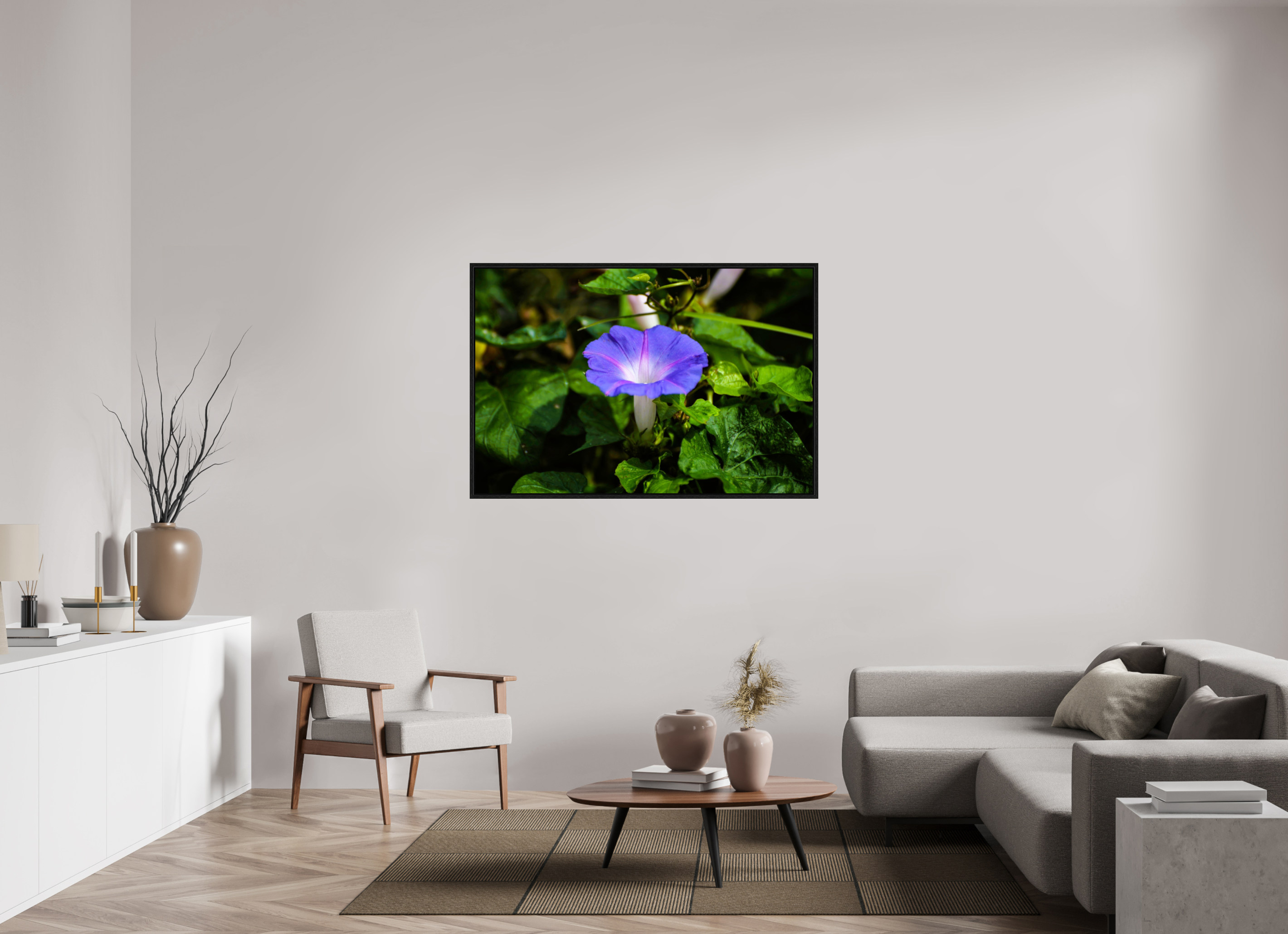 54 x 36″, Floater Frame, Basel 0.6", Black Oak, Glossy Acrylic Glass Heavenly Blue Morning Glory