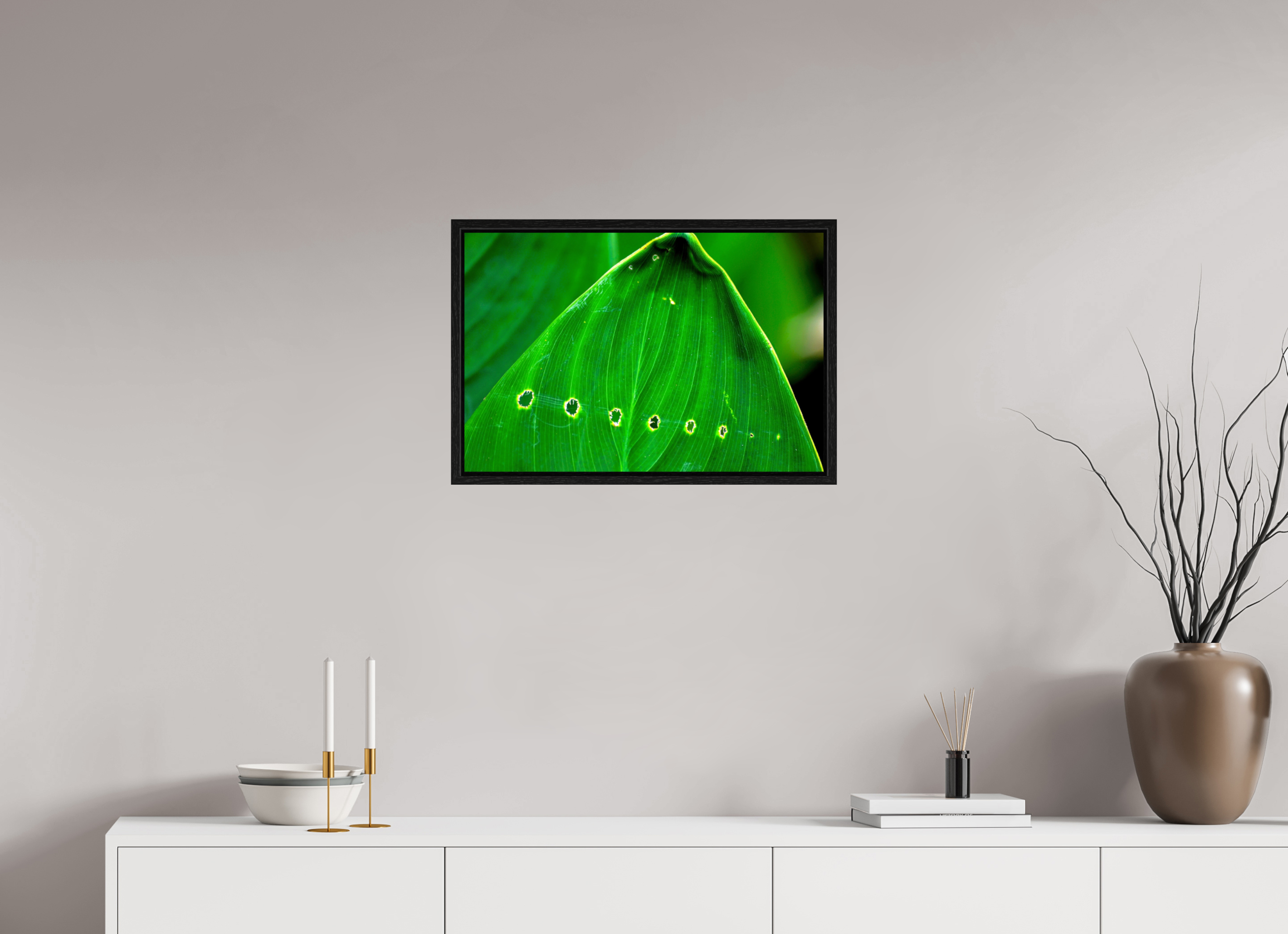 24 x 16″, Floater Frame, Basel 0.6", Black Oak, Glossy Acrylic Glass Linear Progression in Green