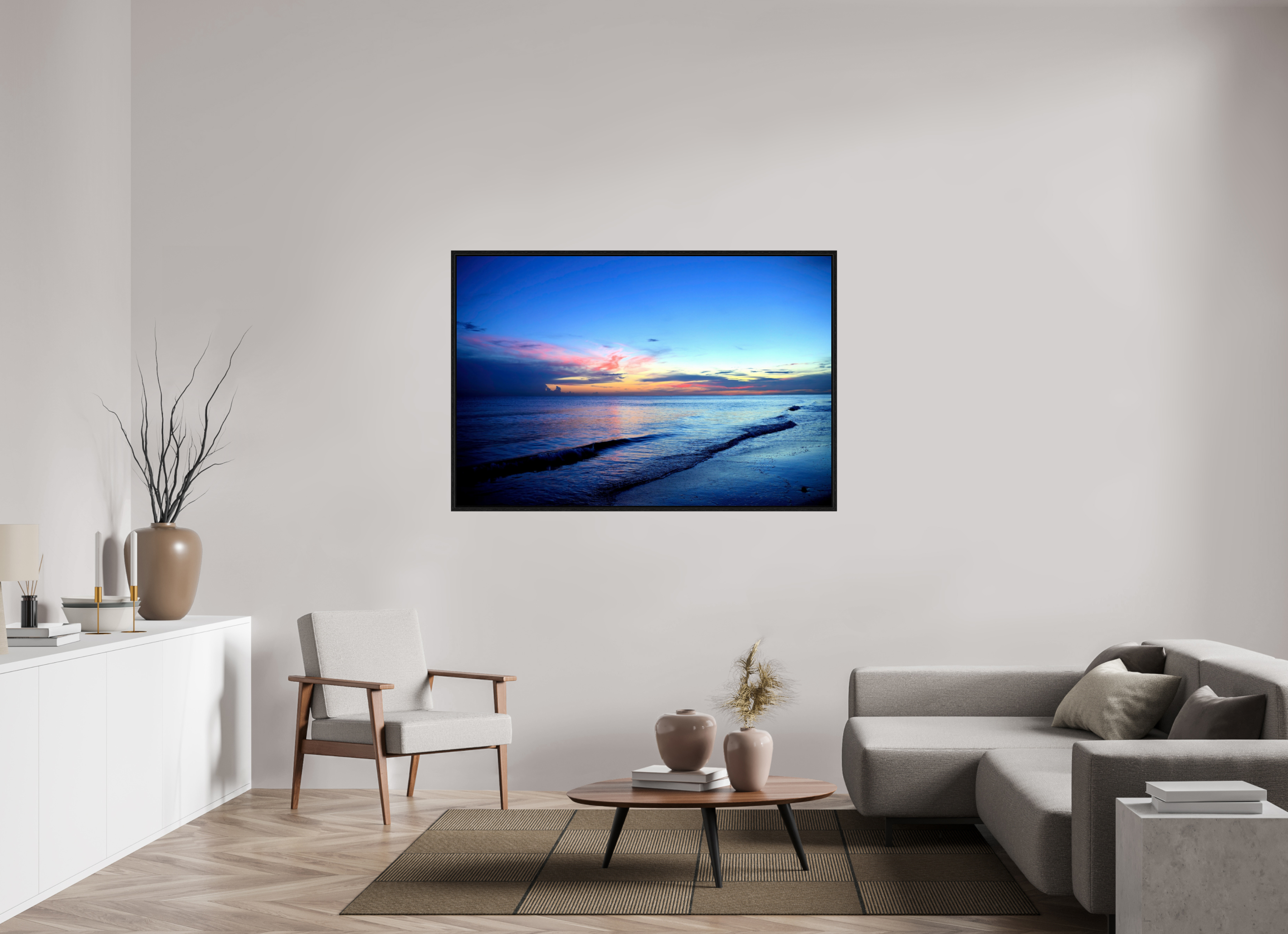 60 x 40″, Floater Frame, Basel 0.6", Black Oak, Glossy Acrylic Glass Indigo Horizon