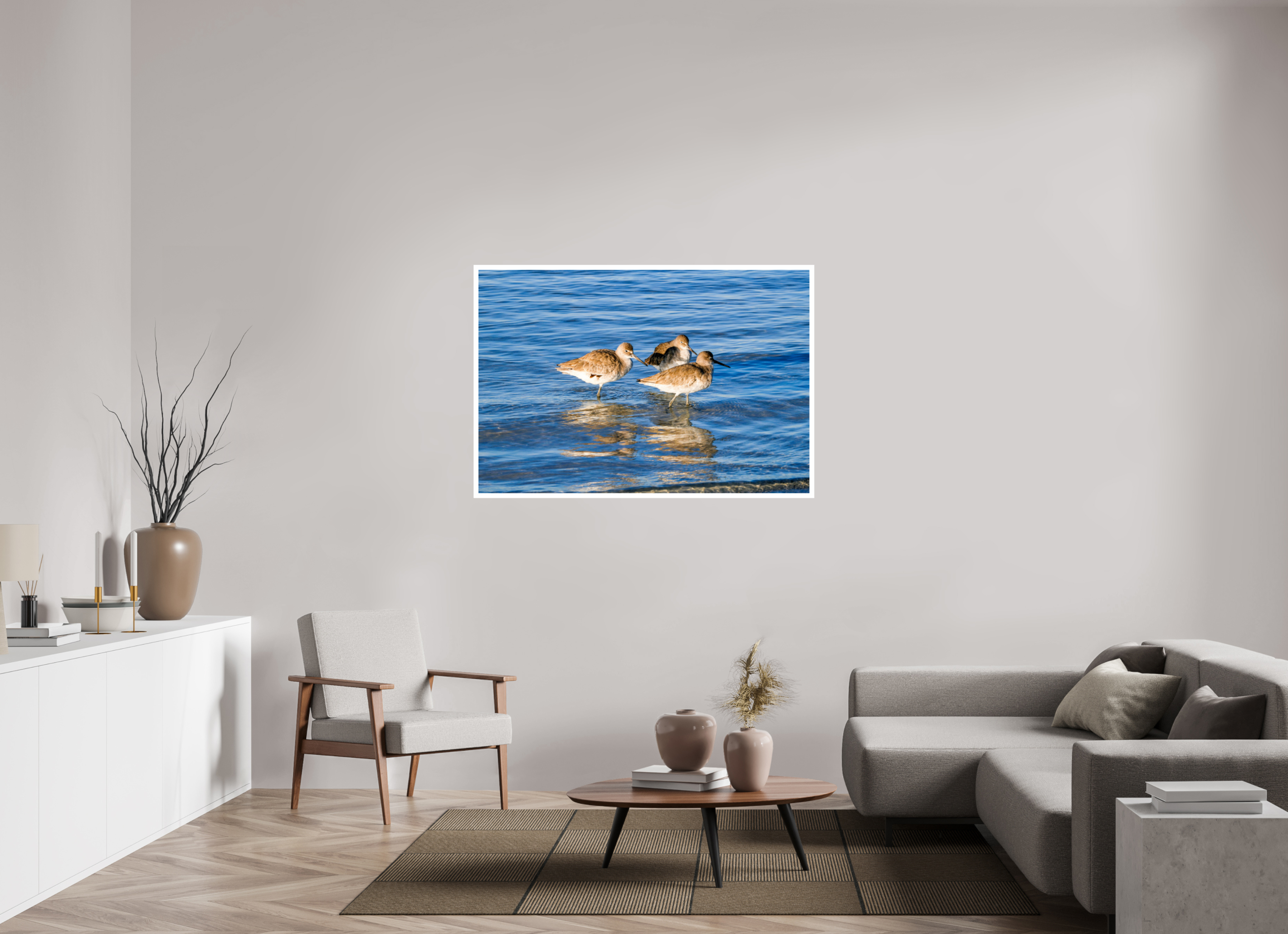 53.3 x 36″, Hahnemühle FineArt Pearl Print, .79" white border The Shoreline Trio: Willets in the Surf