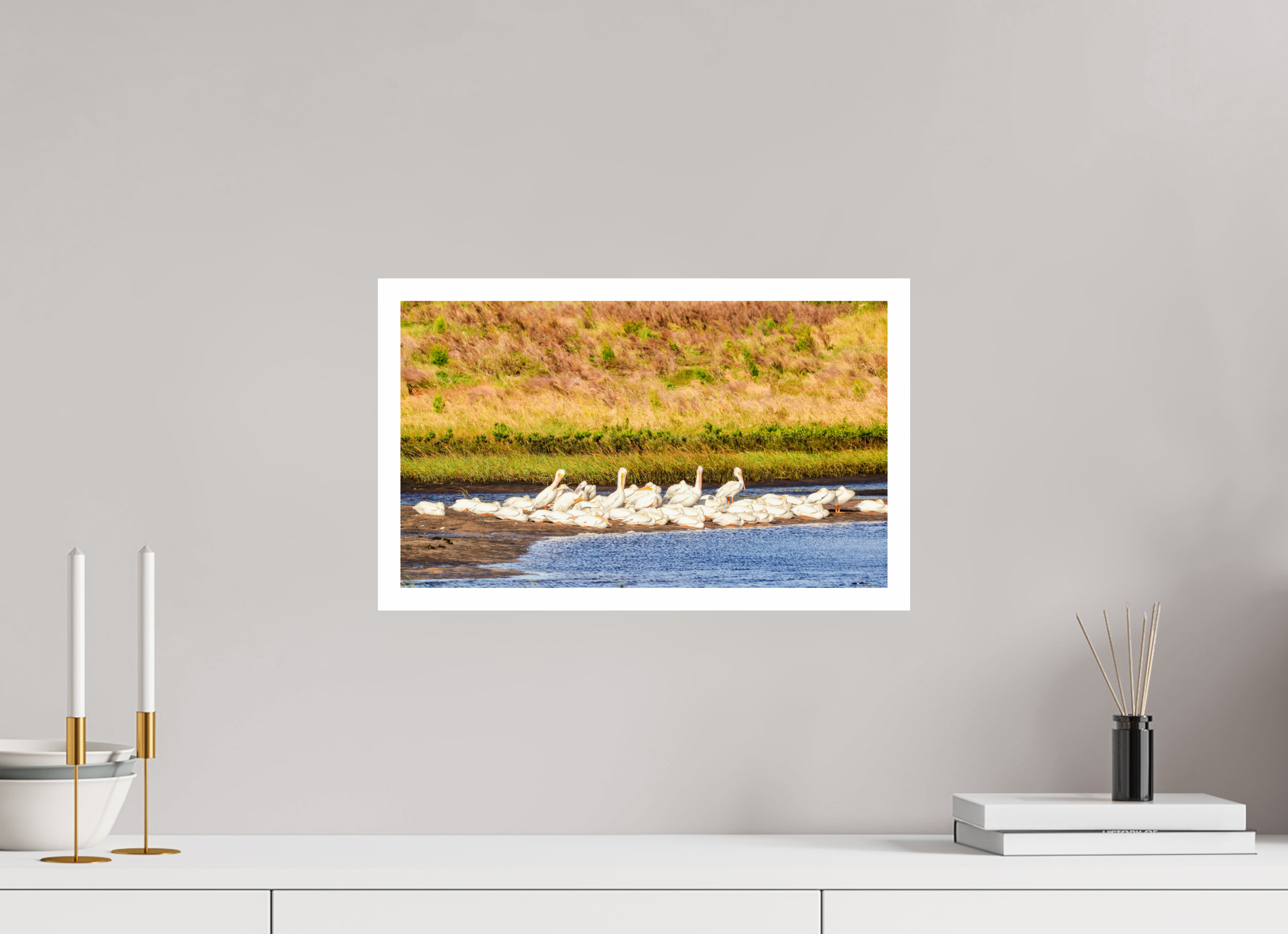 17 x 10″, Hahnemühle FineArt Pearl Print, .79" white border White Pelicans Golden Hour Gathering