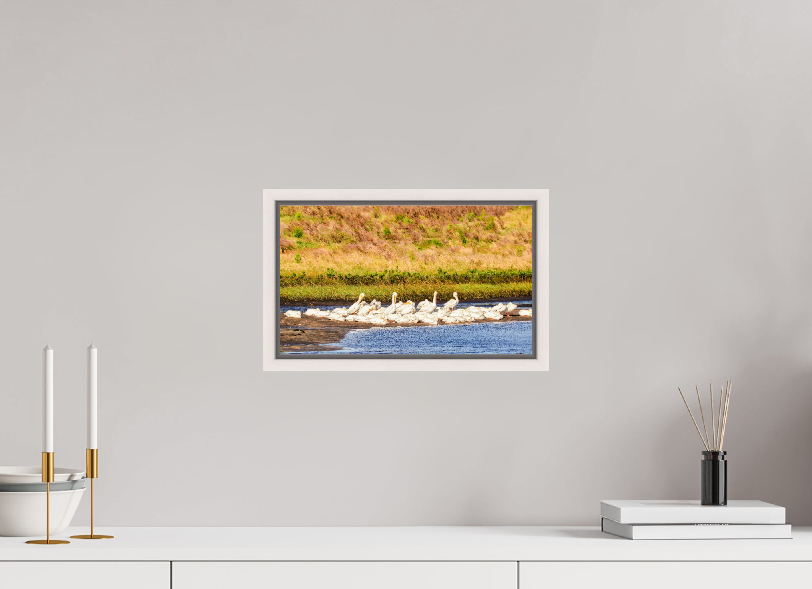 13.5 x 8″, Floater Frame, Basel 0.6", Maple White, Glossy Acrylic Glass White Pelicans Golden Hour Gathering