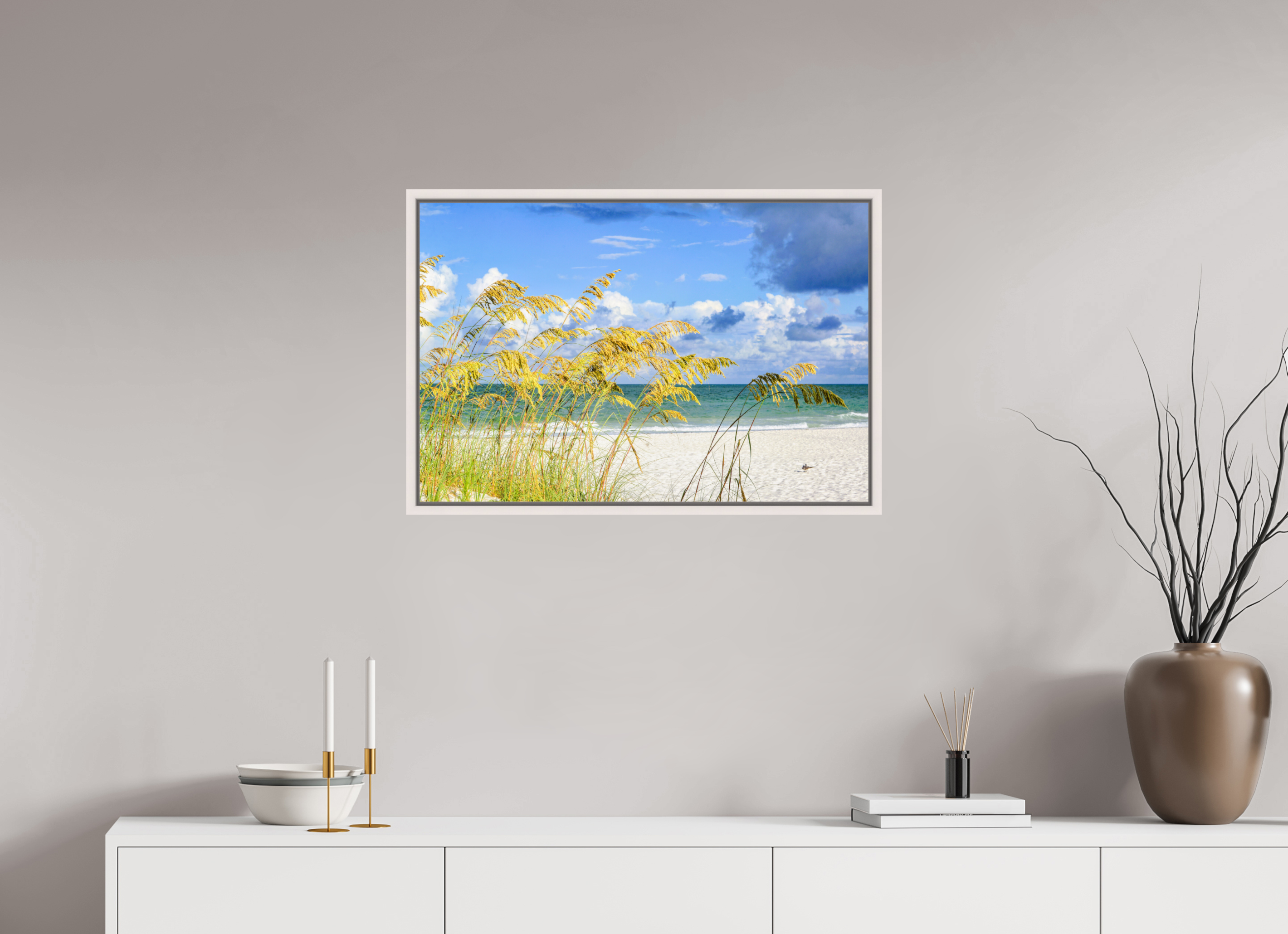 30 x 20″, Floater Frame, Basel 0.6", Maple White, Glossy Acrylic Glass Golden Sea Oats