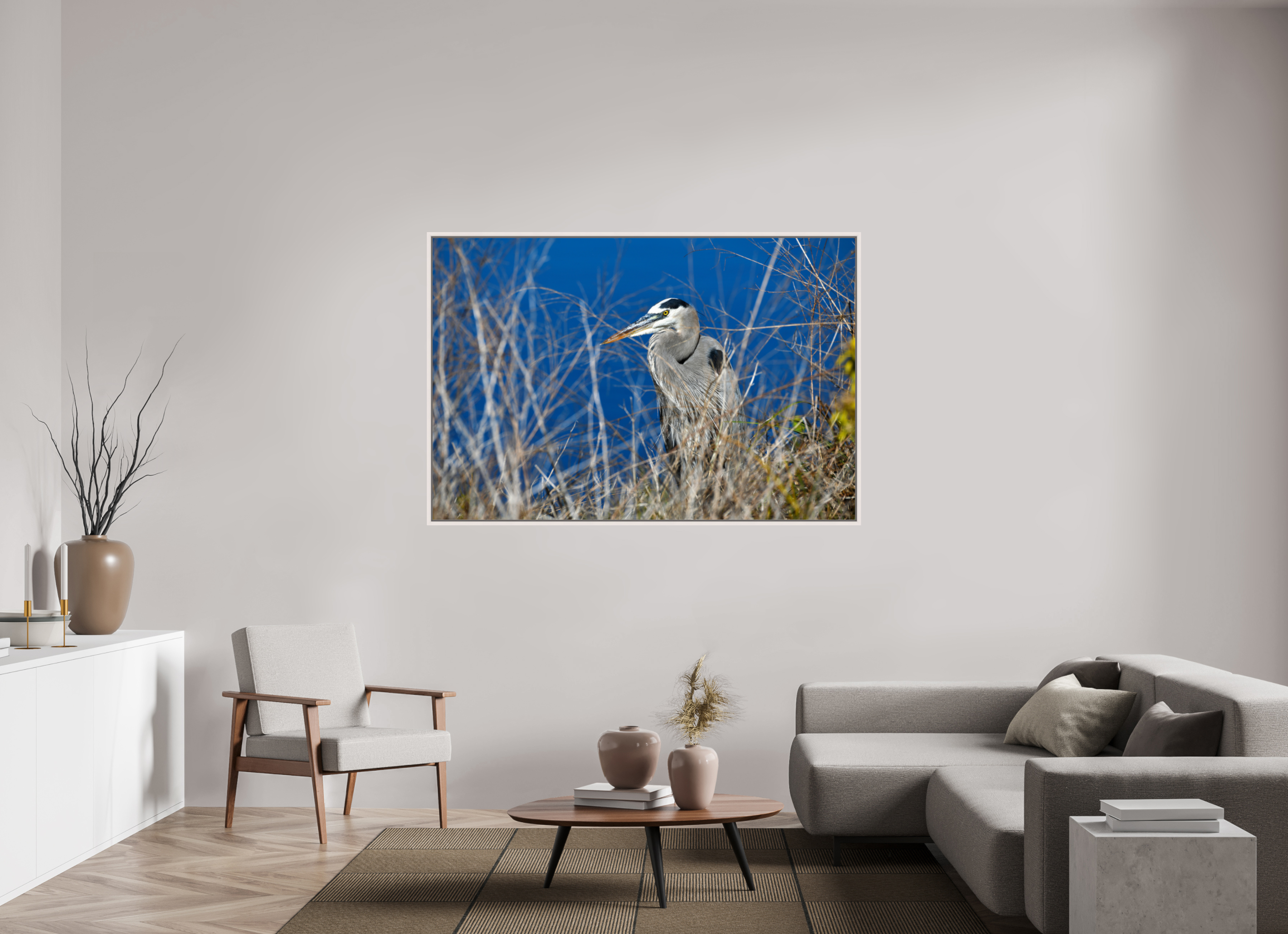66 x 44″, Floater Frame, Basel 0.6", Maple White, Glossy Acrylic Glass Hidden Majesty: Great Blue Heron