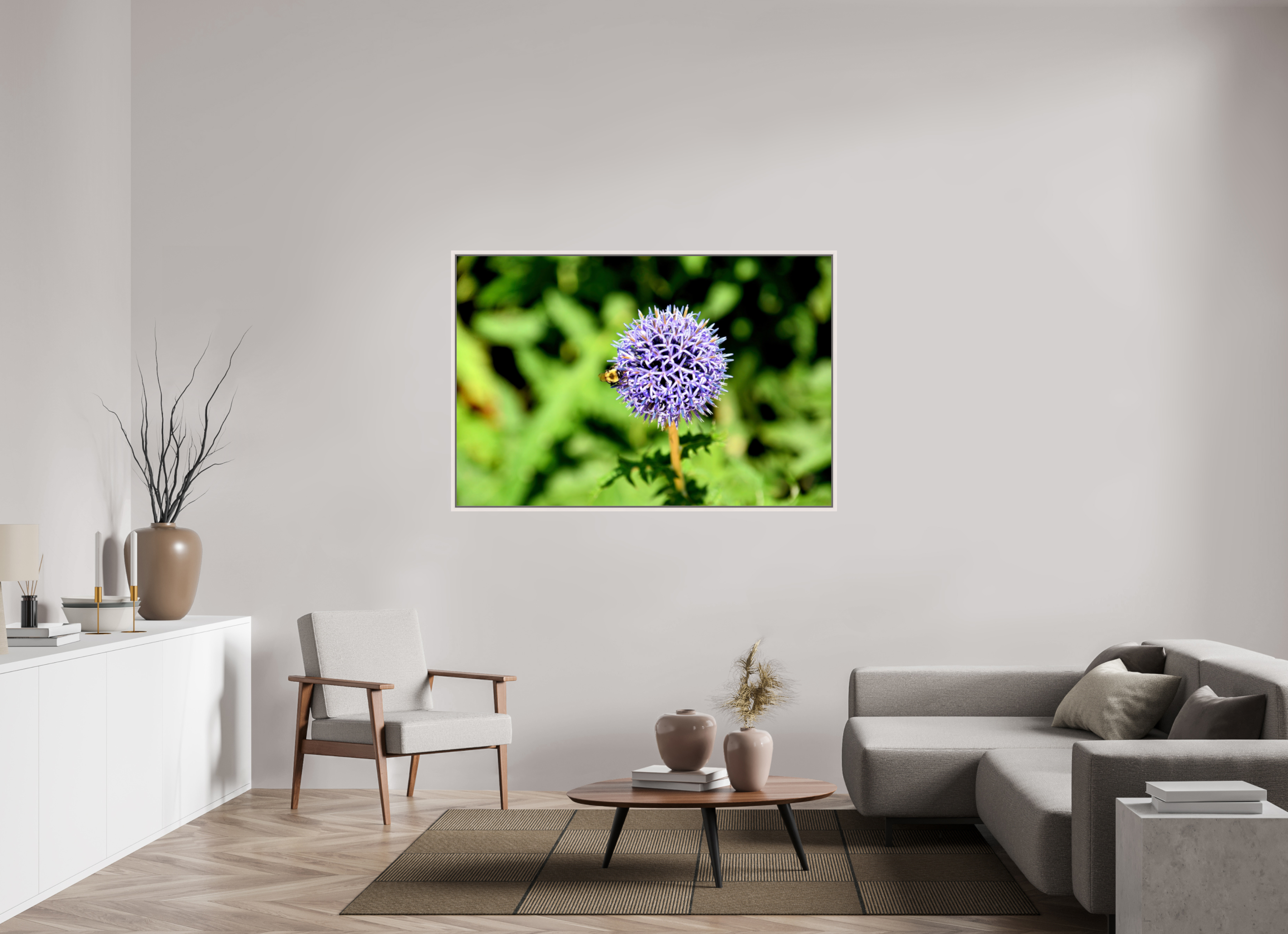 60 x 40″, Floater Frame, Basel 0.6", Maple White, Glossy Acrylic Glass The Bee & The Globe Thistle (Echinops)