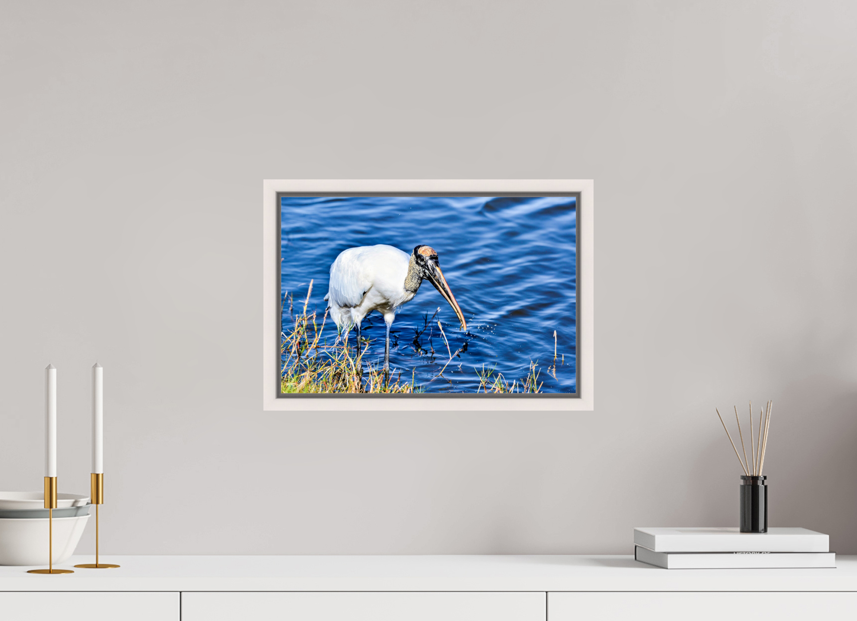 15 x 10″, Floater Frame, Basel 0.6", Maple White, Glossy Acrylic Glass The Morning Catch: Wood Stork in Action