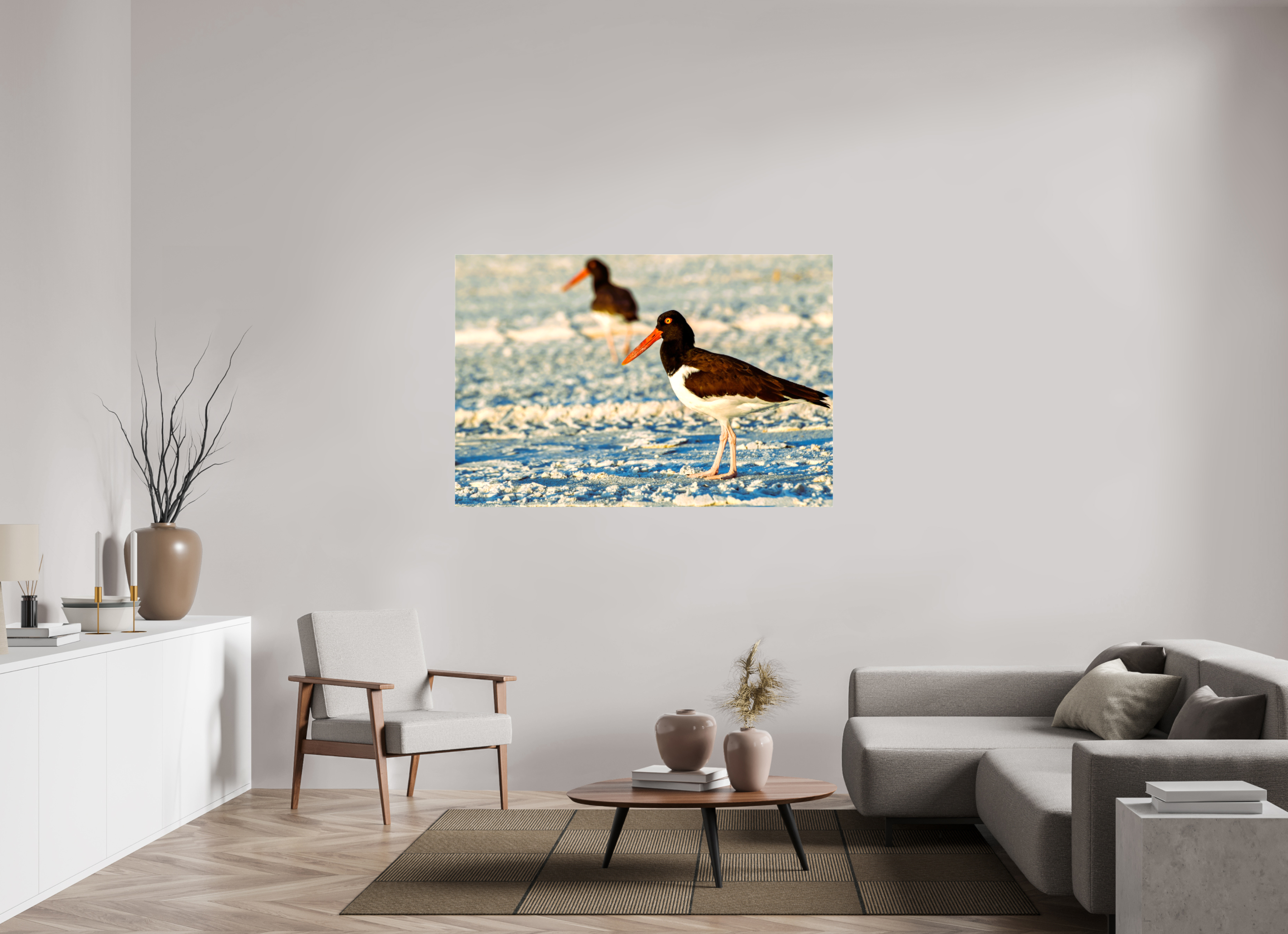 60 x 40″, Glossy Canvas on Stretcher Frame, 1,57" Wrapped Oystercatcher Stroll